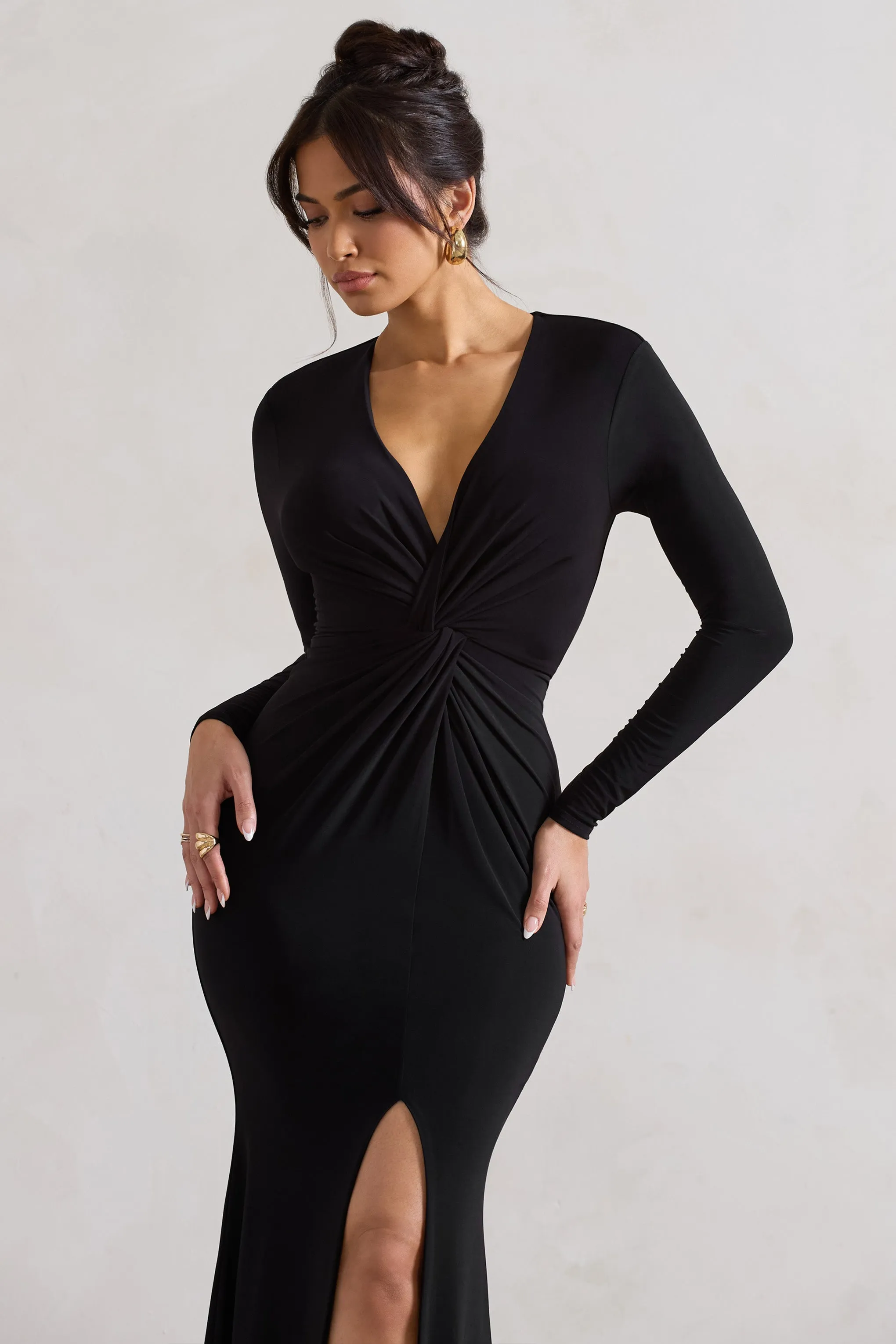 Tianna | Black Plunge-Neck Twisted Split Maxi Dress Club L London
