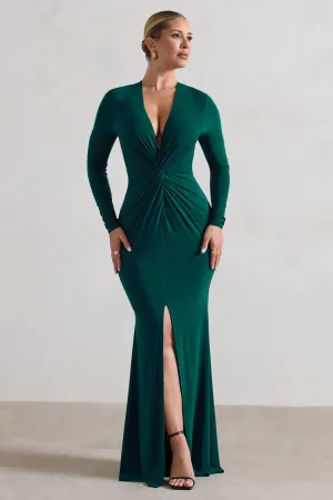 Tianna | Bottle Green Plunge-Neck Twisted Split Maxi Dress Club L London