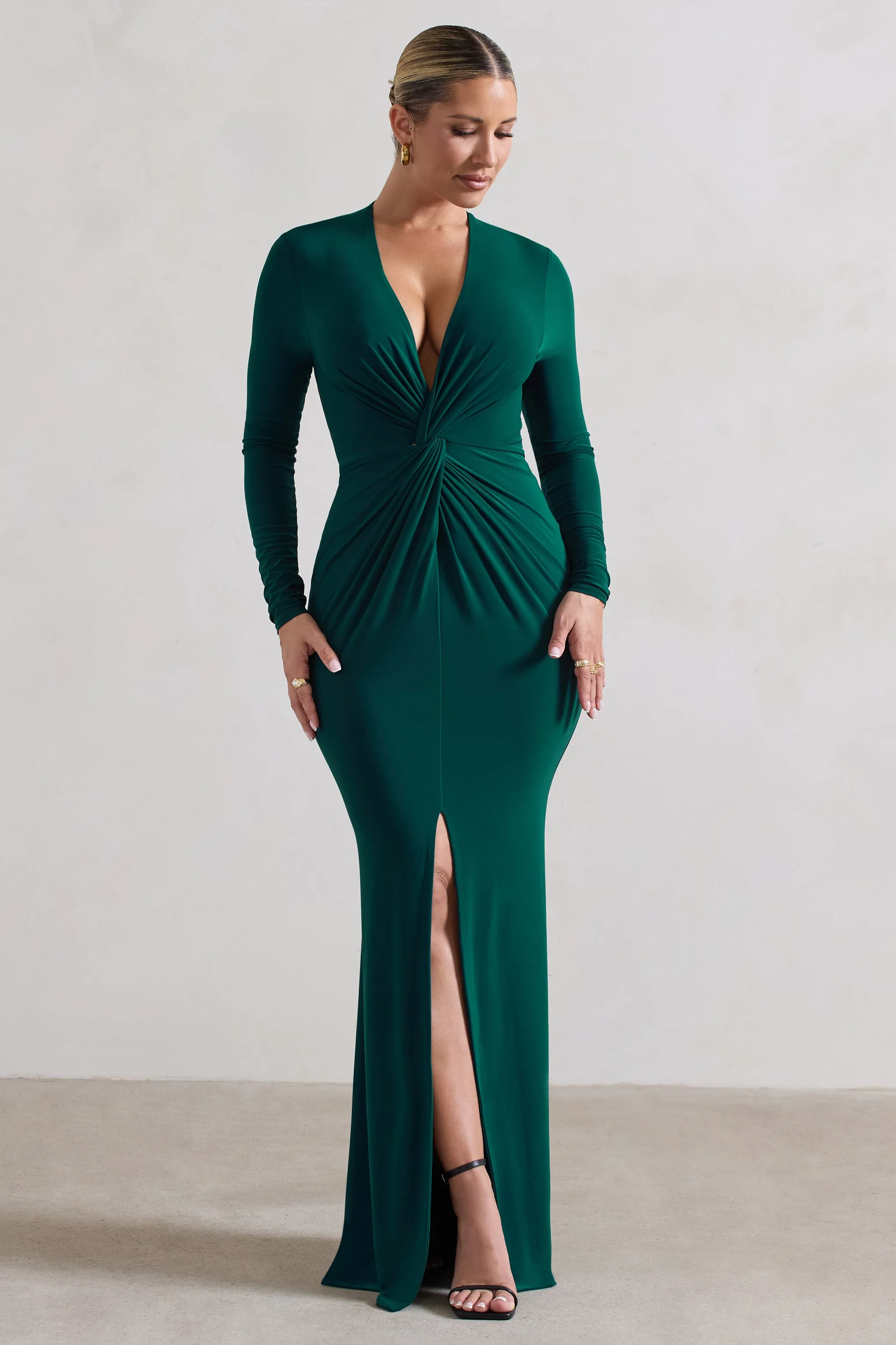 Tianna | Bottle Green Plunge-Neck Twisted Split Maxi Dress Club L London