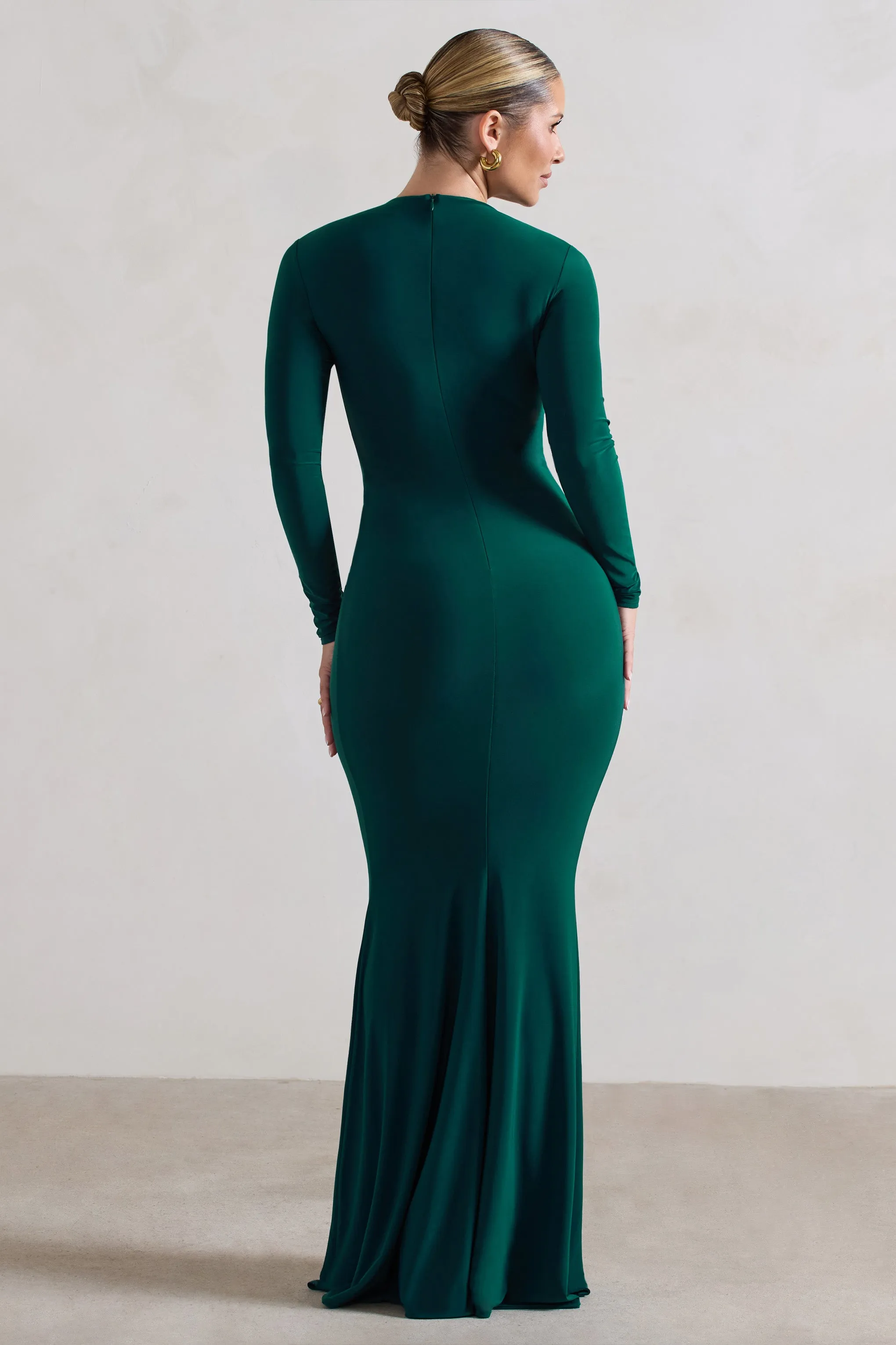 Tianna | Bottle Green Plunge-Neck Twisted Split Maxi Dress Club L London