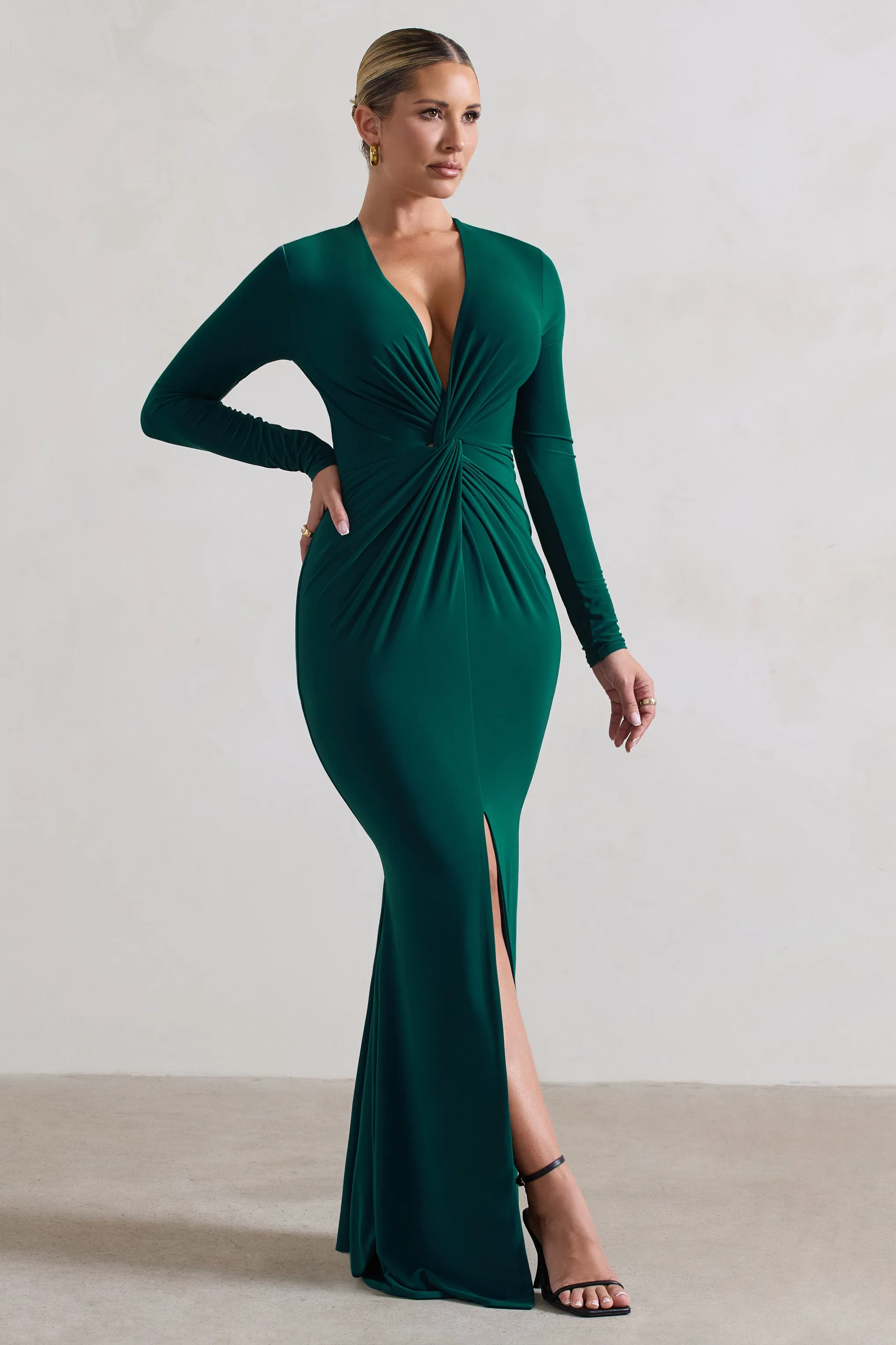 Tianna | Bottle Green Plunge-Neck Twisted Split Maxi Dress Club L London
