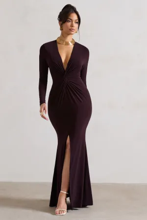 Tianna | Dark Plum Plunge-Neck Twisted Split Maxi Dress Club L London