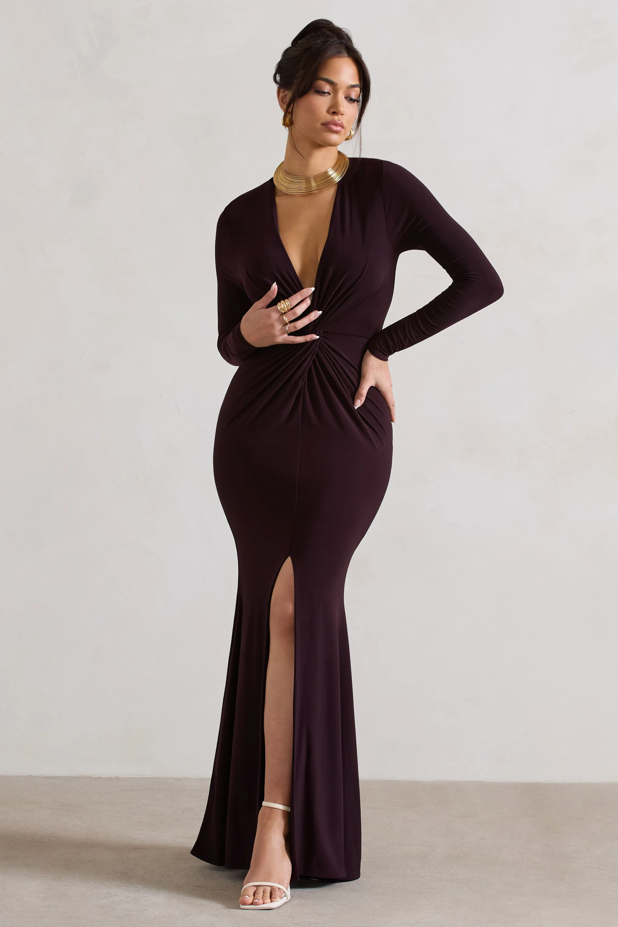 Tianna | Dark Plum Plunge-Neck Twisted Split Maxi Dress Club L London