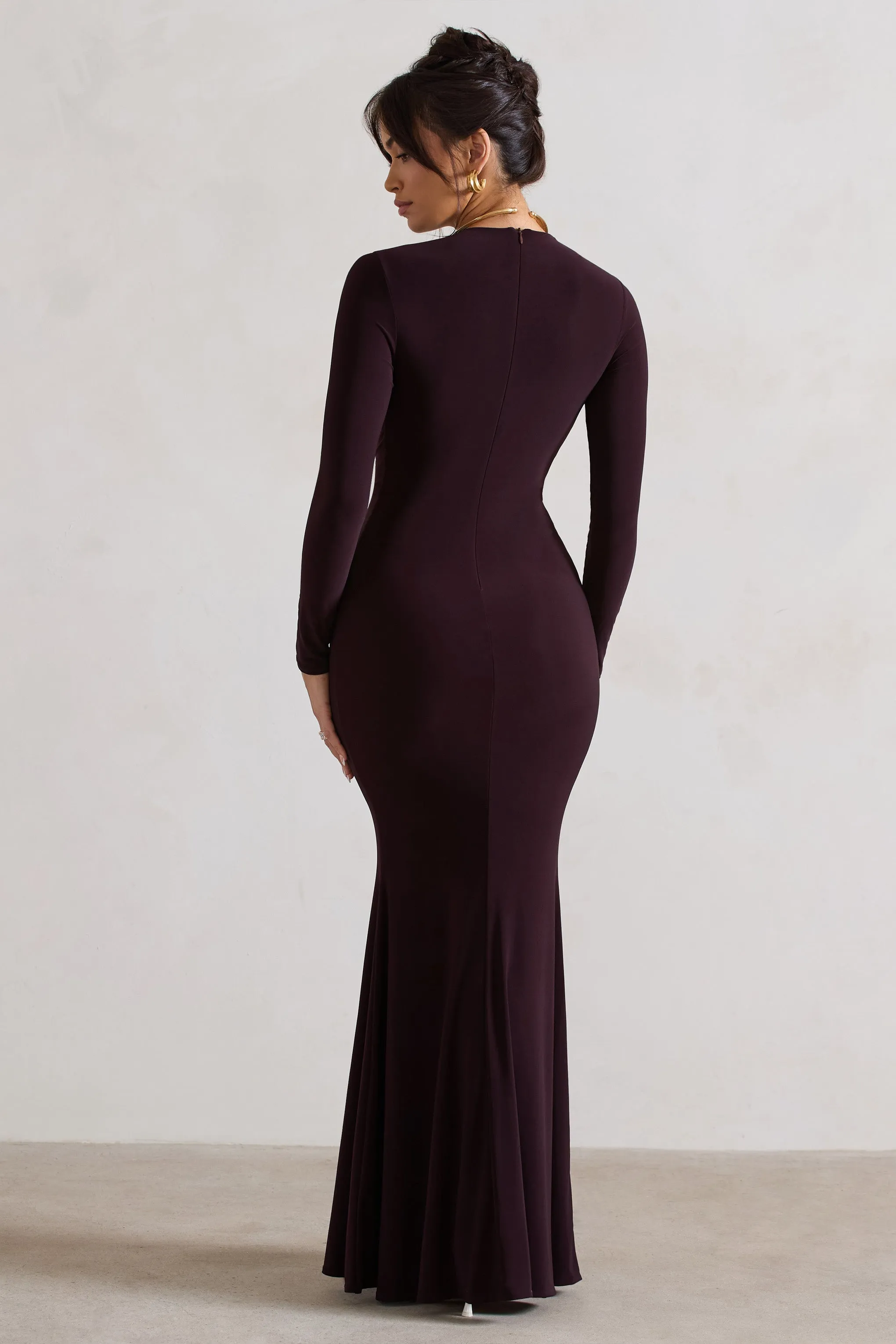 Tianna | Dark Plum Plunge-Neck Twisted Split Maxi Dress Club L London