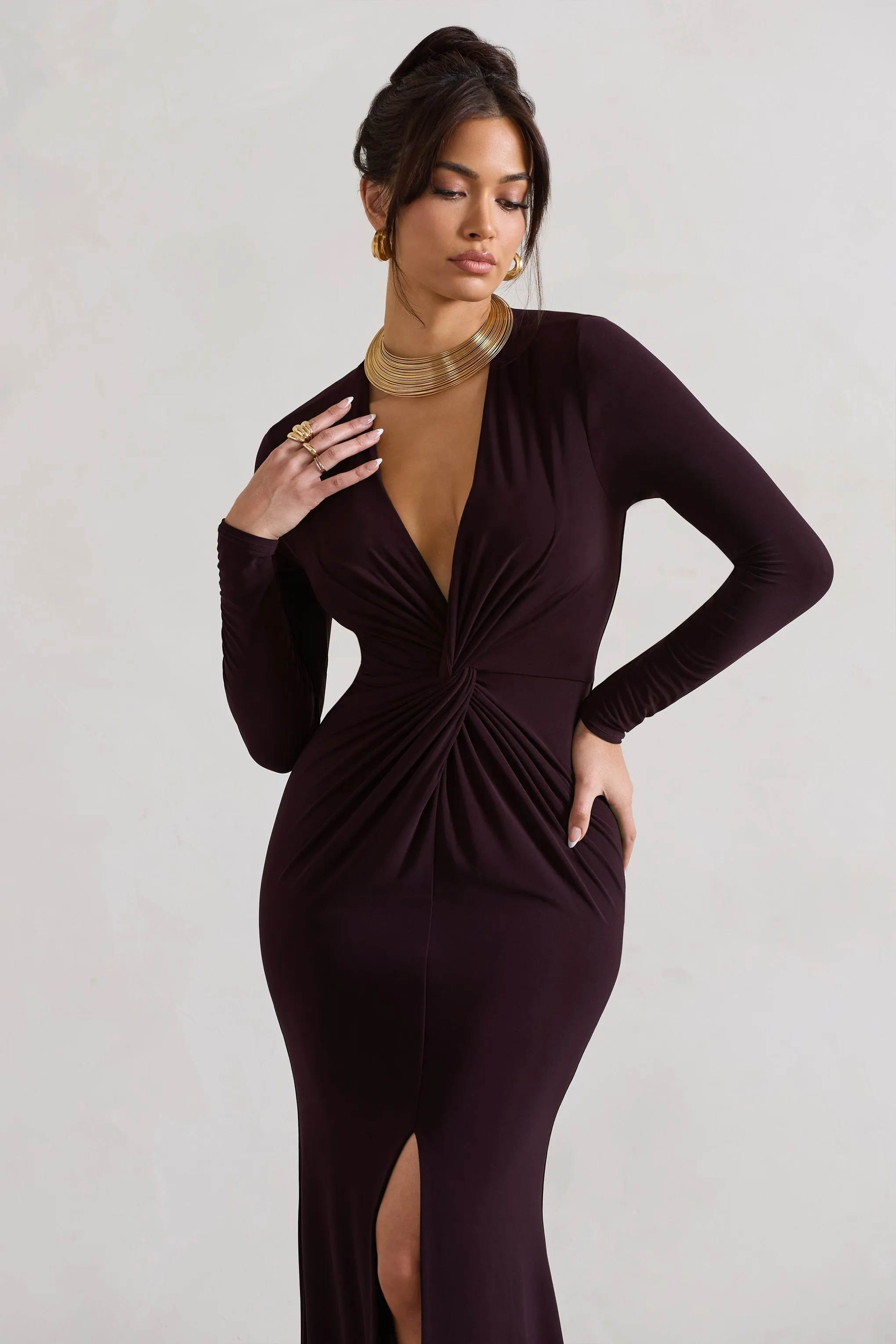 Tianna | Dark Plum Plunge-Neck Twisted Split Maxi Dress Club L London