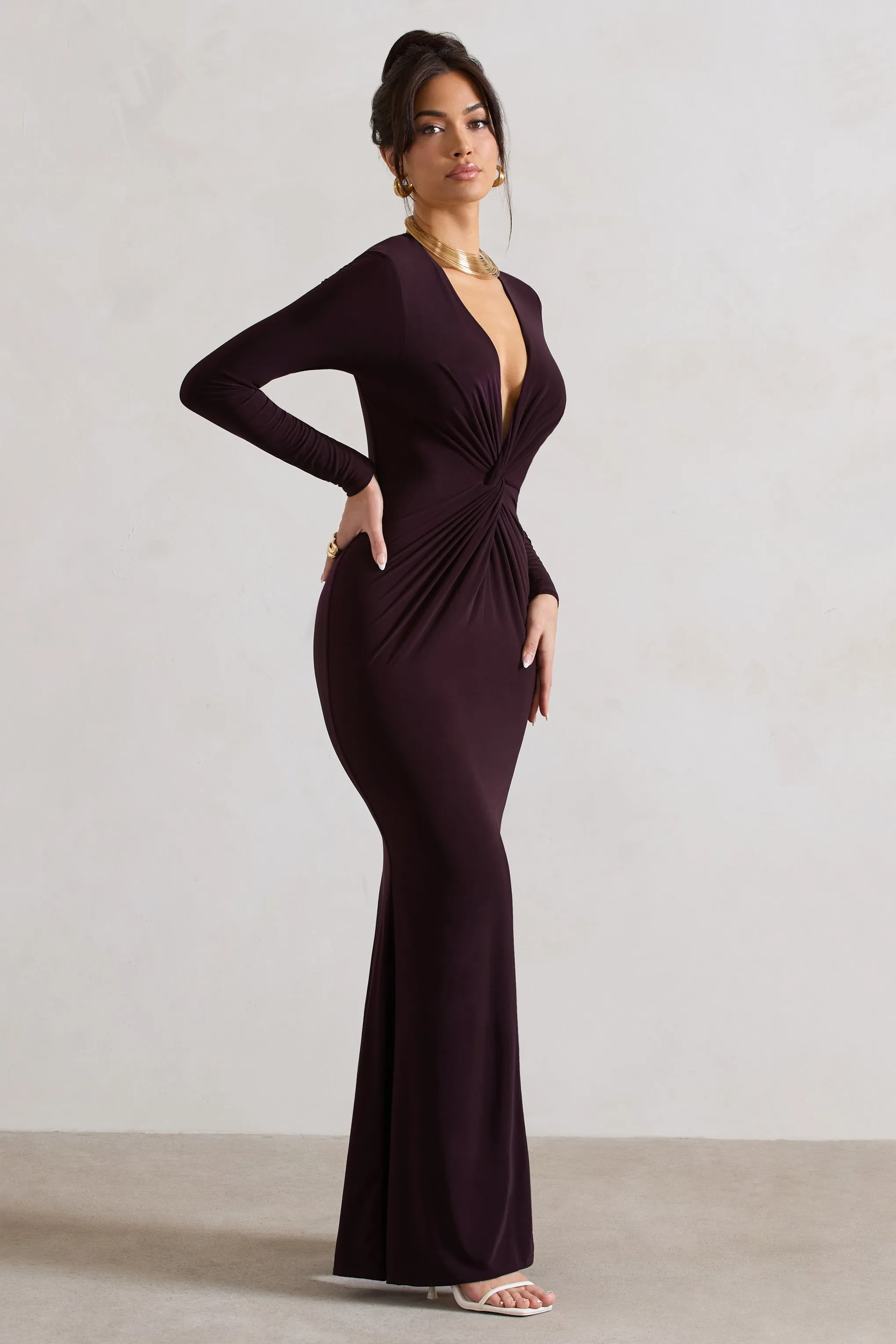 Tianna | Dark Plum Plunge-Neck Twisted Split Maxi Dress Club L London