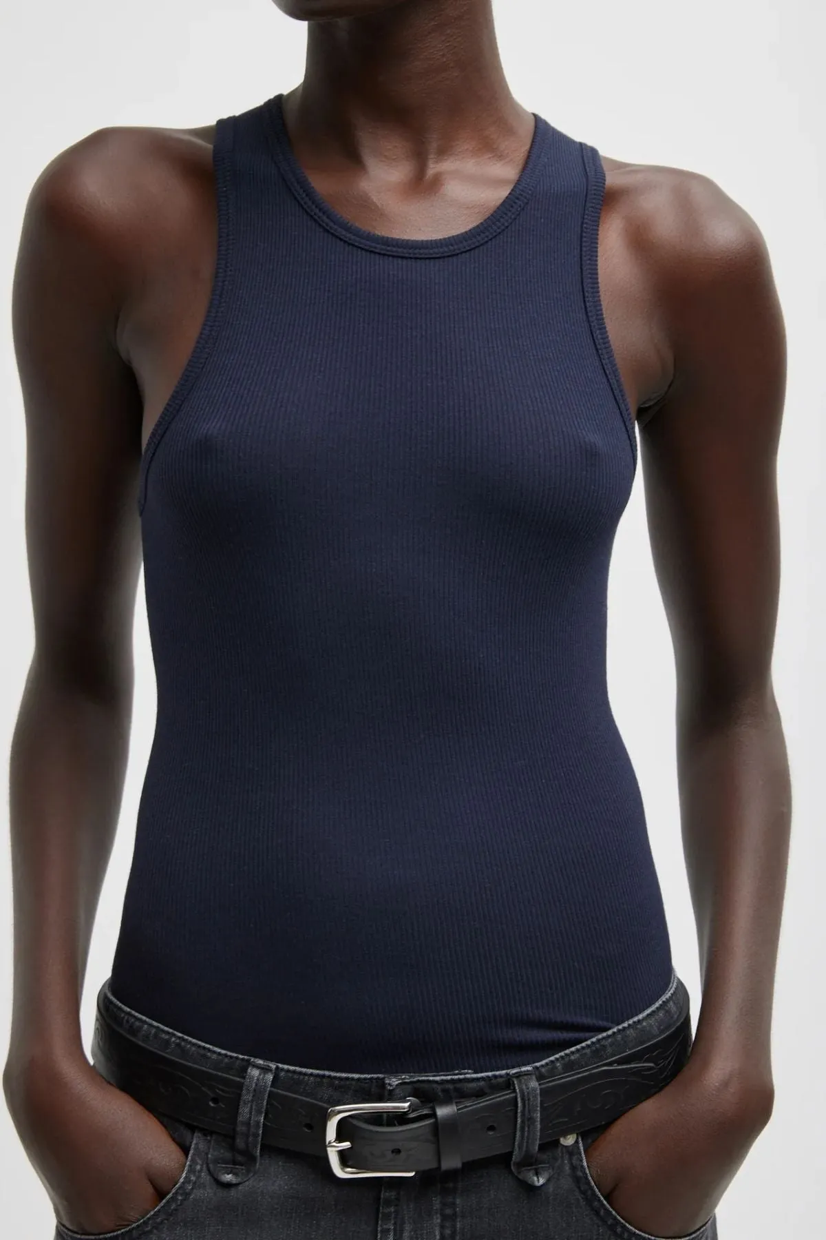 Tibi Circular Fine Rib T-Shirt Tank - Navy TIBI
