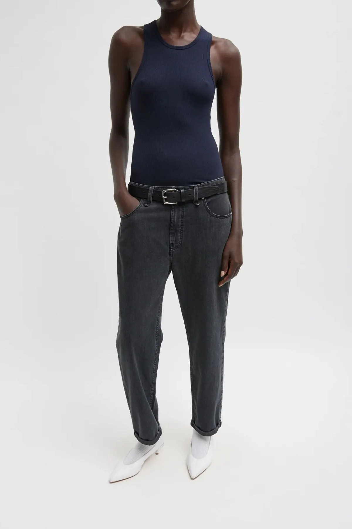 Tibi Circular Fine Rib T-Shirt Tank - Navy TIBI