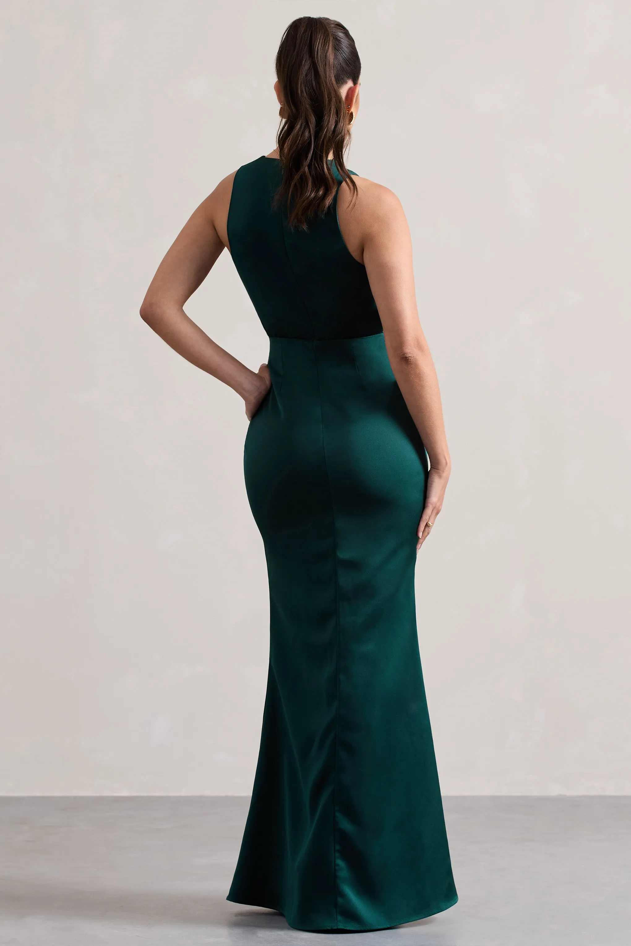 Tiffany | Bottle Green Satin Plunge-Neck Maxi Dress Club L London
