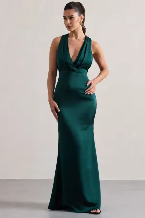 Tiffany | Bottle Green Satin Plunge-Neck Maxi Dress Club L London