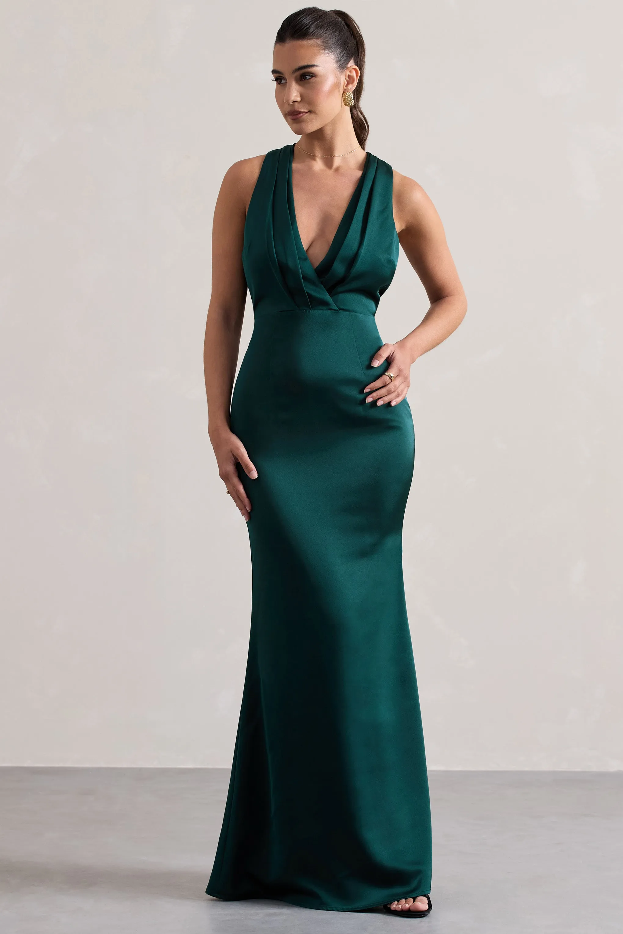 Tiffany | Bottle Green Satin Plunge-Neck Maxi Dress Club L London