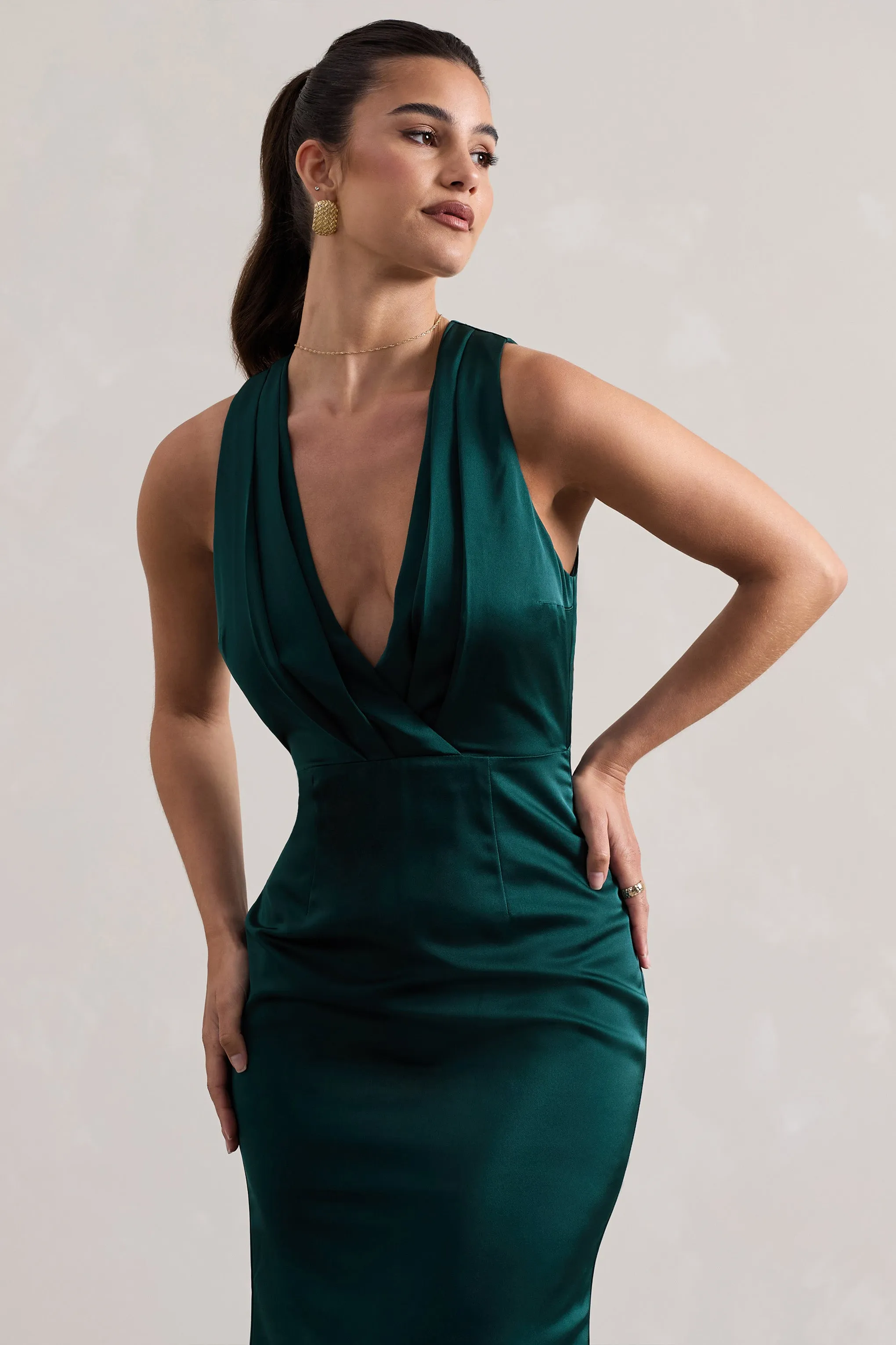 Tiffany | Bottle Green Satin Plunge-Neck Maxi Dress Club L London