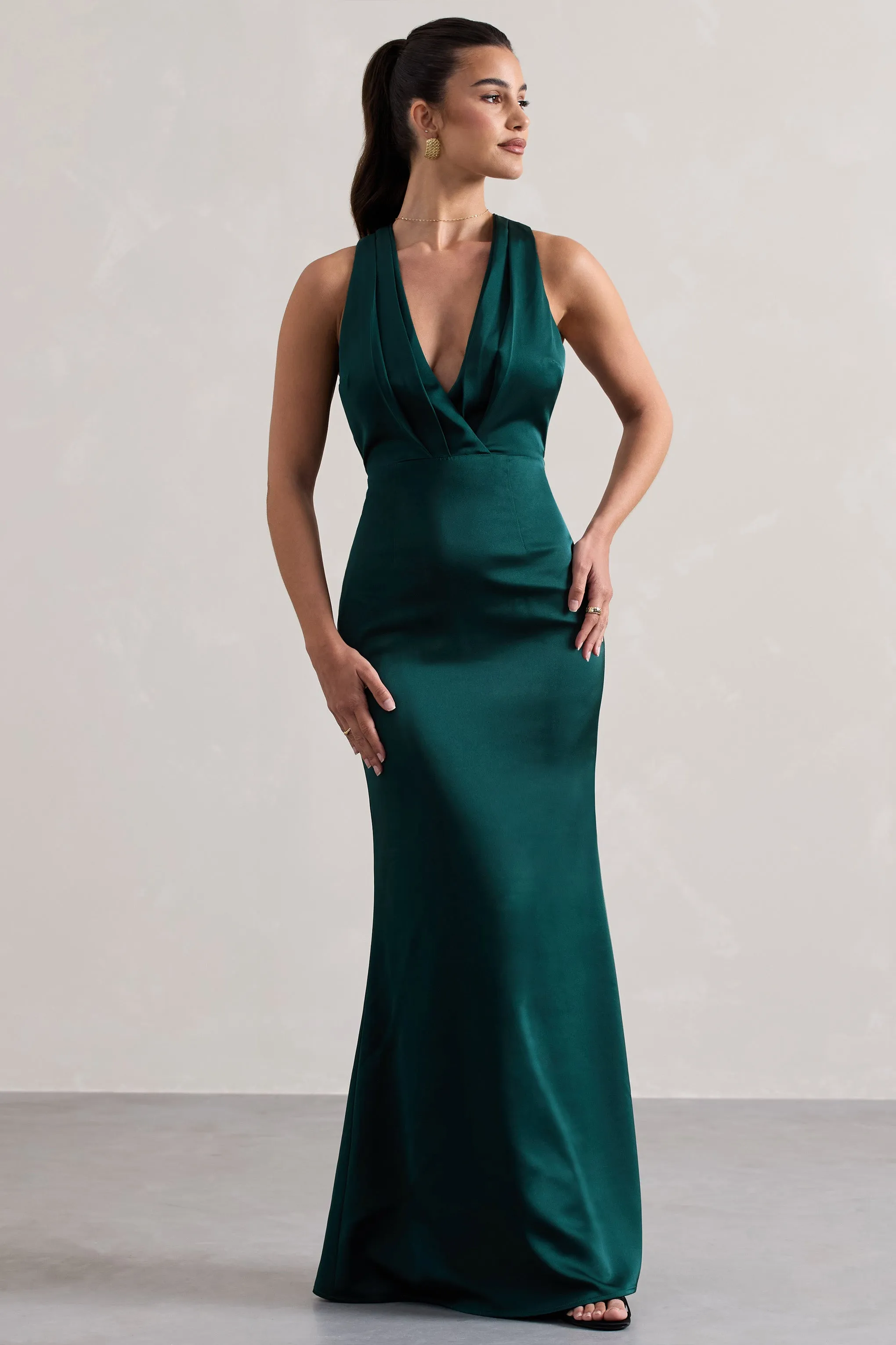 Tiffany | Bottle Green Satin Plunge-Neck Maxi Dress Club L London