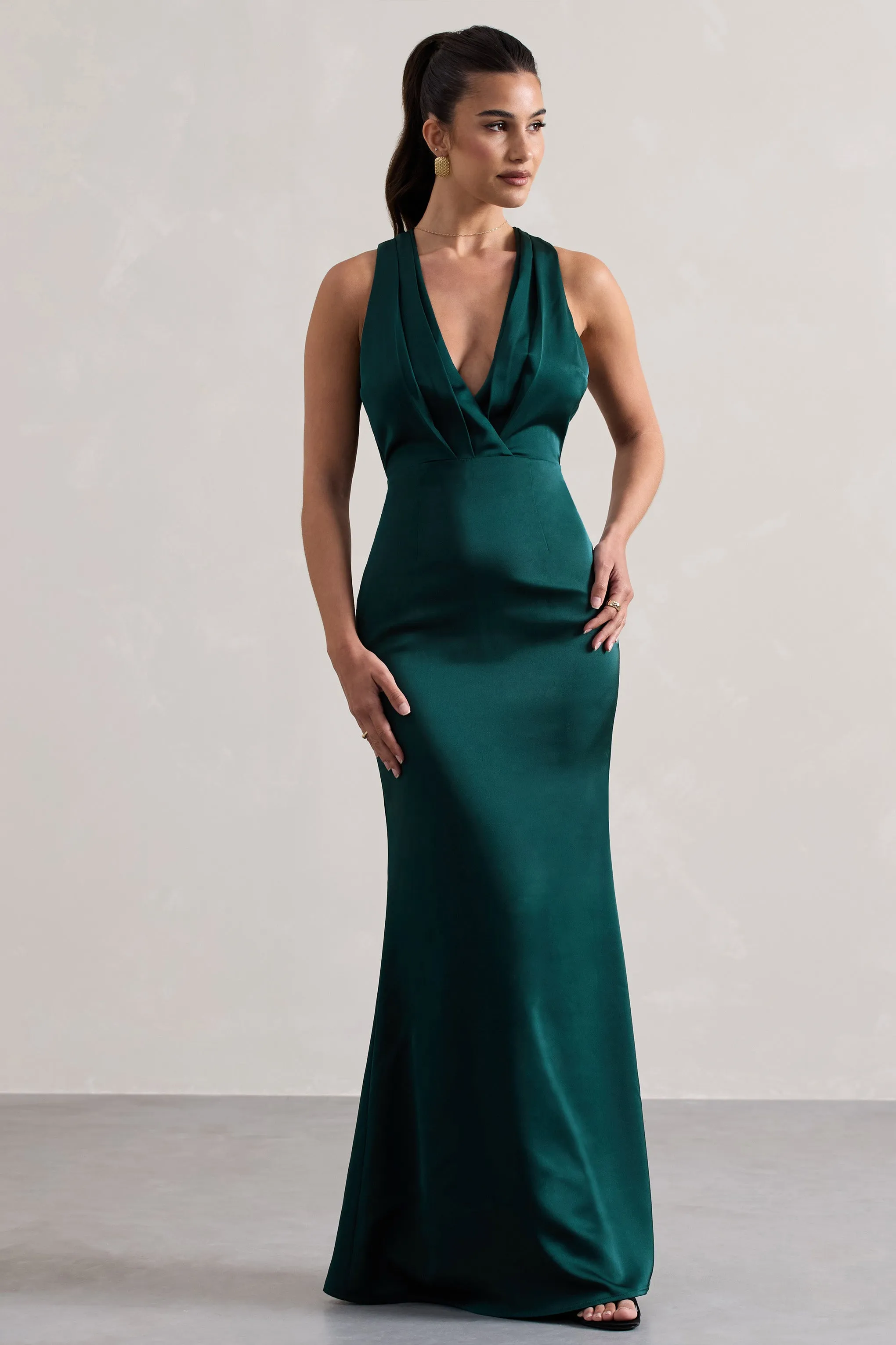 Tiffany | Bottle Green Satin Plunge-Neck Maxi Dress Club L London