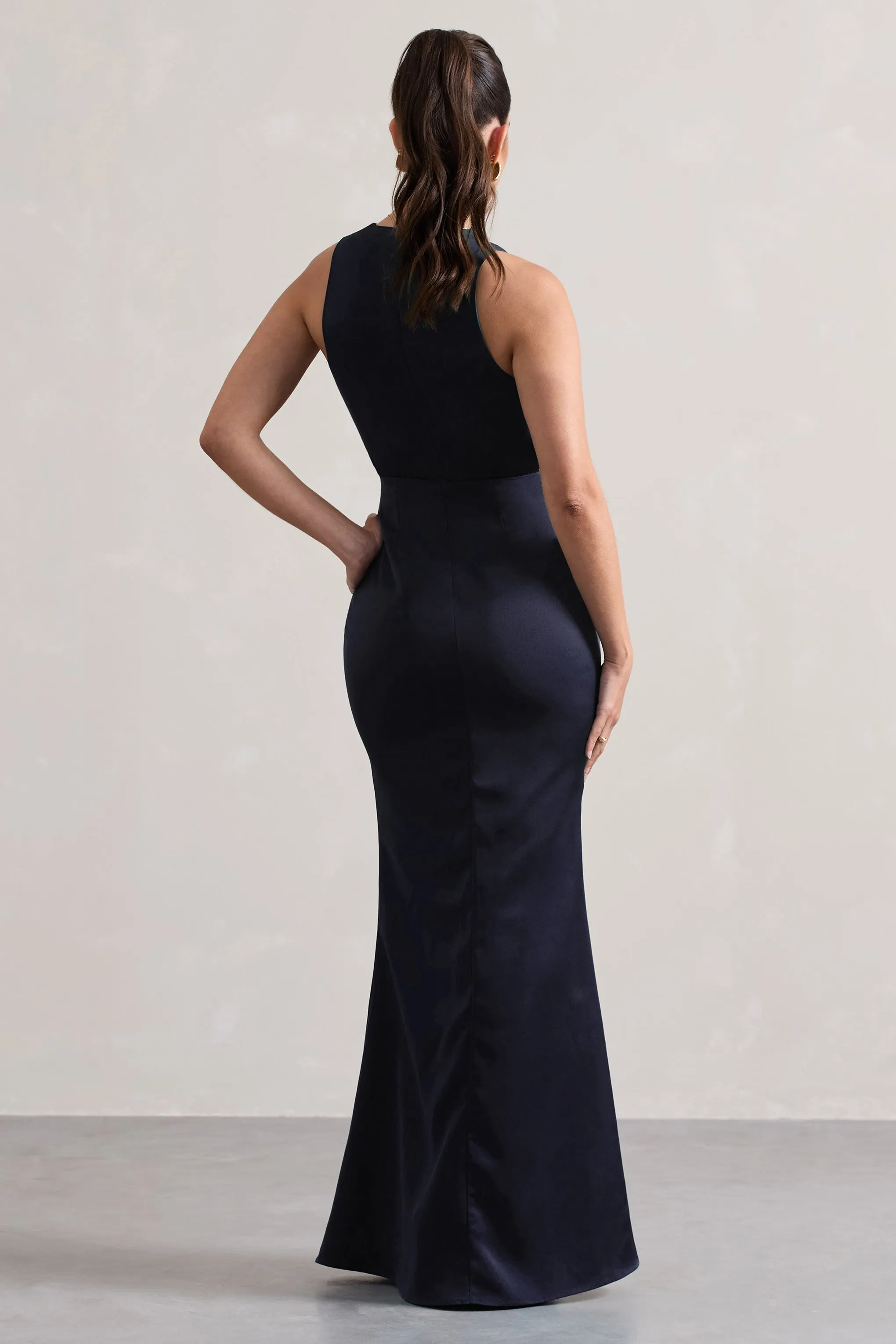 Tiffany | Navy Satin Plunge-Neck Maxi Dress Club L London