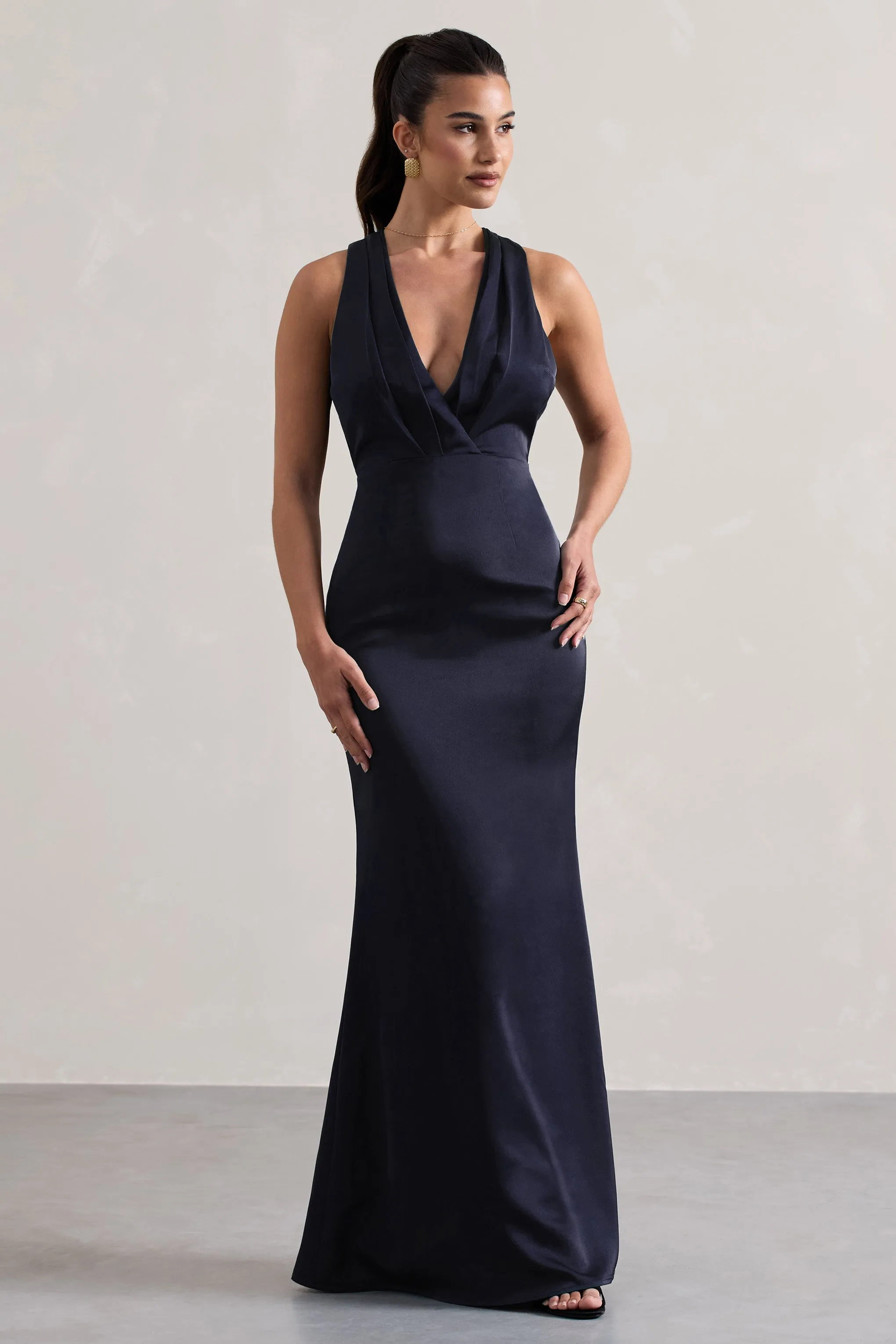 Tiffany | Navy Satin Plunge-Neck Maxi Dress Club L London