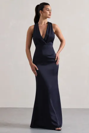 Tiffany | Navy Satin Plunge-Neck Maxi Dress Club L London