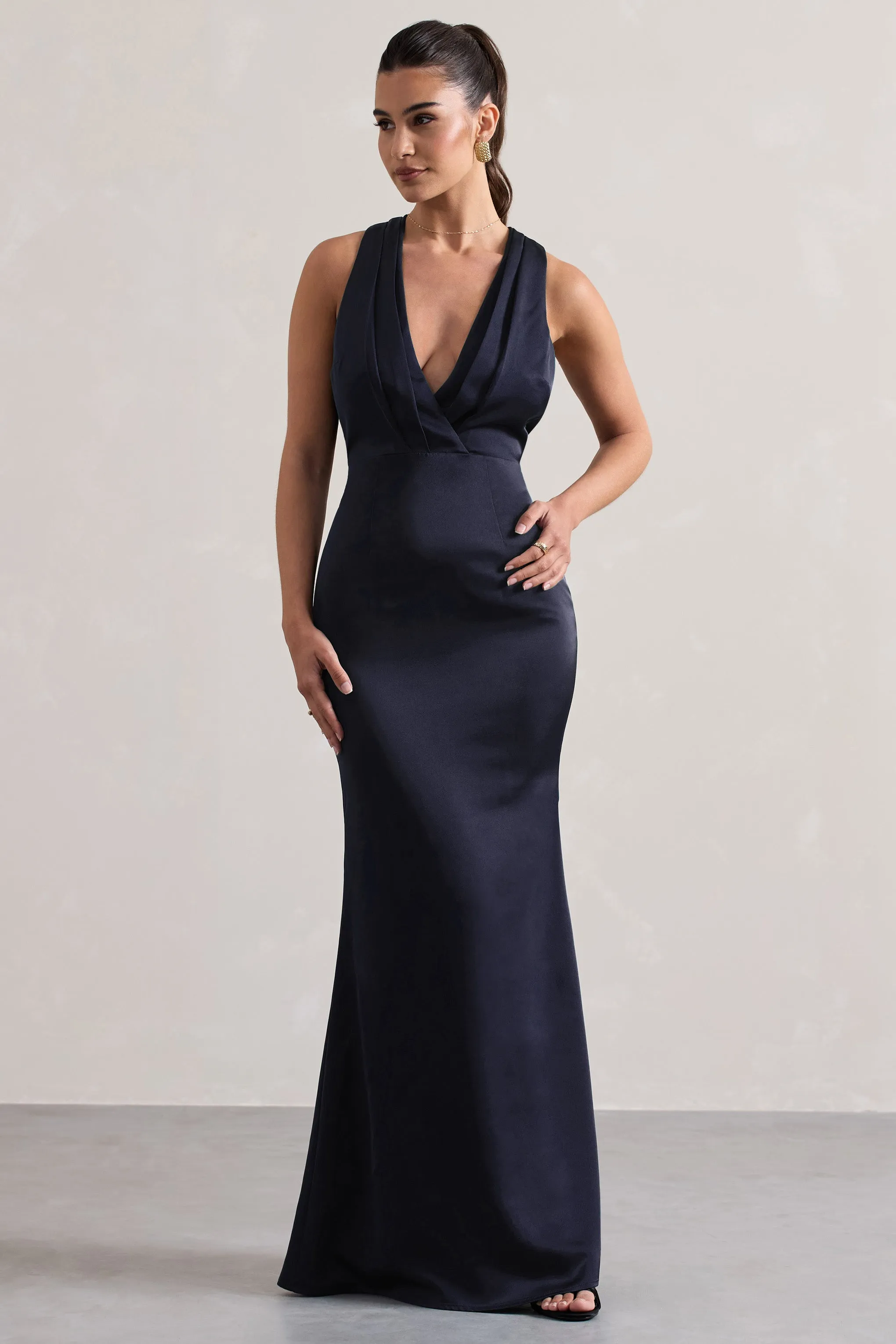 Tiffany | Navy Satin Plunge-Neck Maxi Dress Club L London