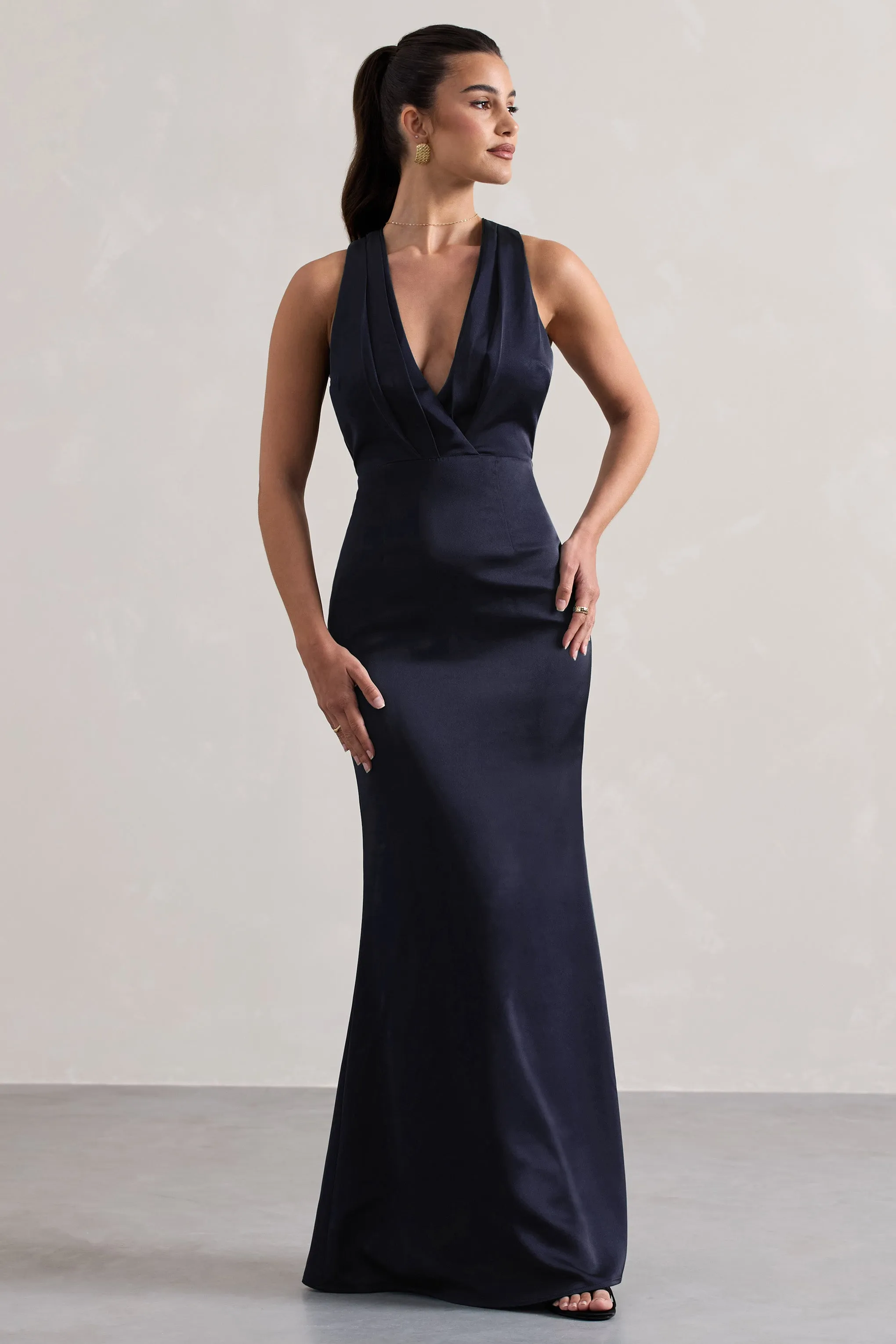 Tiffany | Navy Satin Plunge-Neck Maxi Dress Club L London