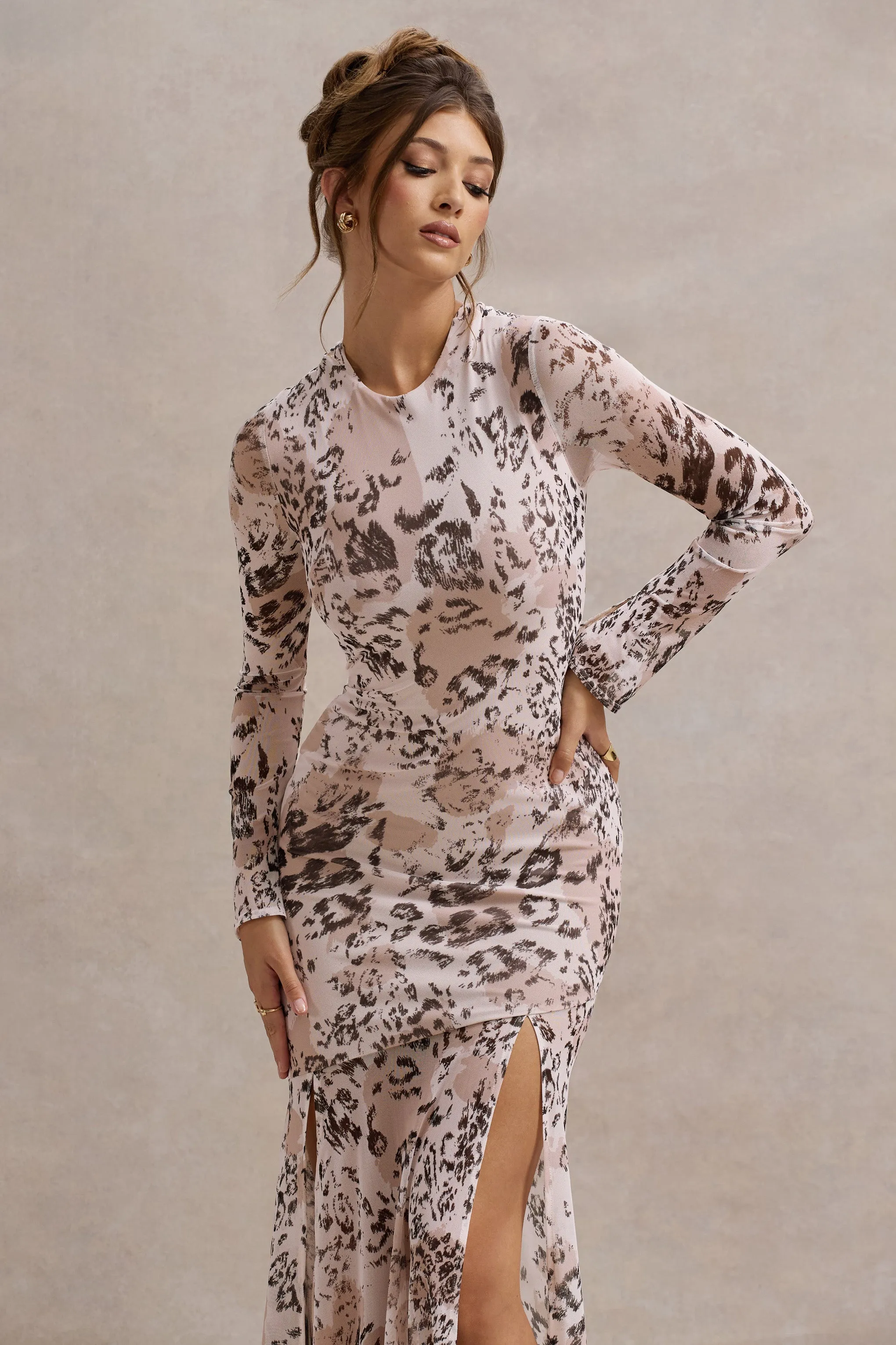 Tigerlily | Leopard Print Mesh Long-Sleeve Open-Back Maxi Dress Club L London
