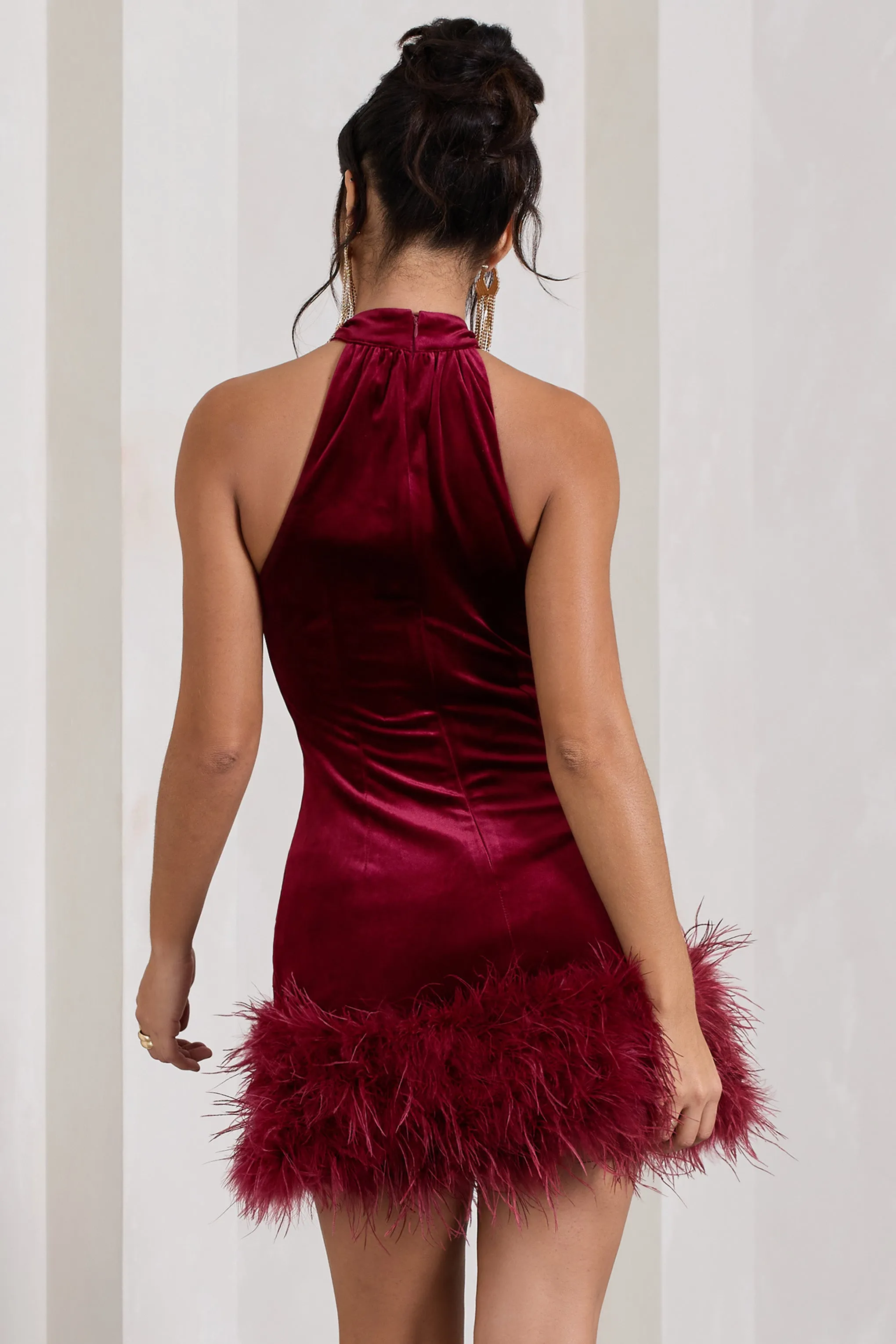 Tillie | Berry Velvet High Neck Trapeze Mini Dress With Feather Hem Detail Club L London