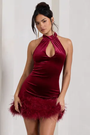 Tillie | Berry Velvet High Neck Trapeze Mini Dress With Feather Hem Detail Club L London