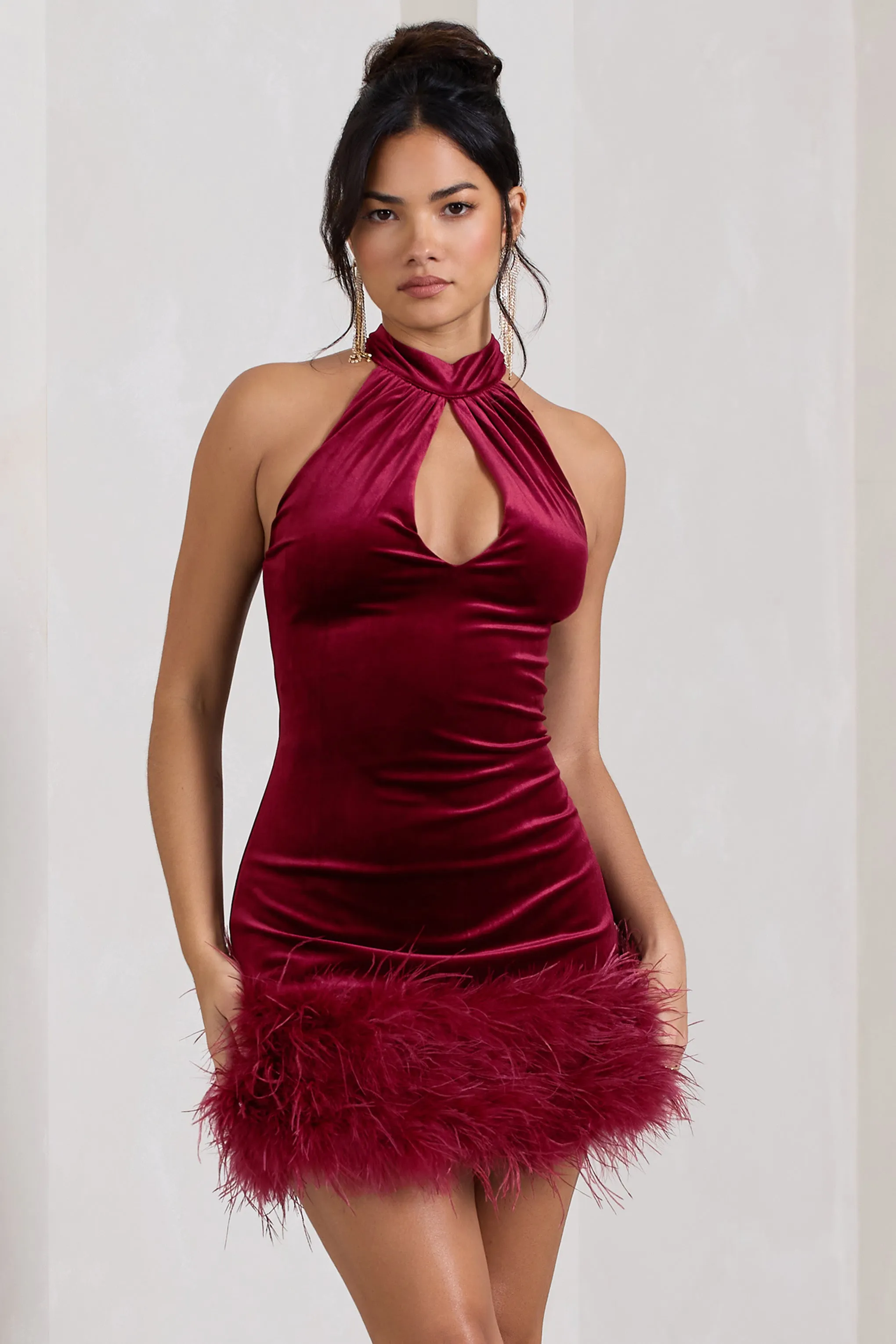 Tillie | Berry Velvet High Neck Trapeze Mini Dress With Feather Hem Detail Club L London