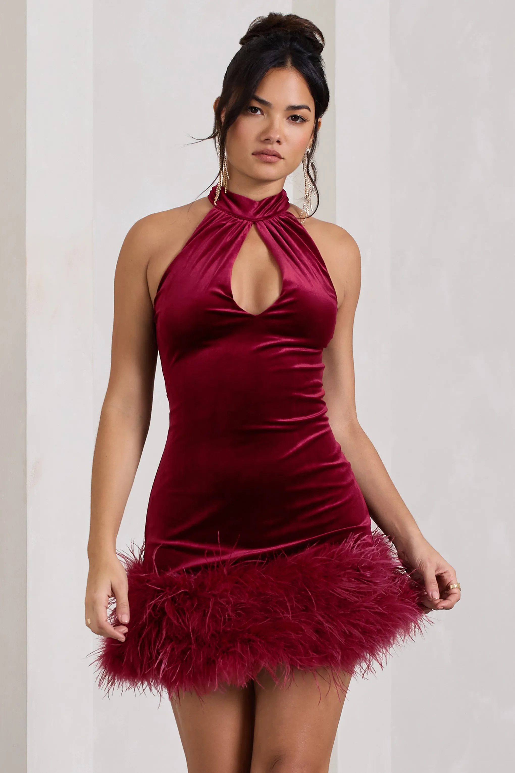 Tillie | Berry Velvet High Neck Trapeze Mini Dress With Feather Hem Detail Club L London