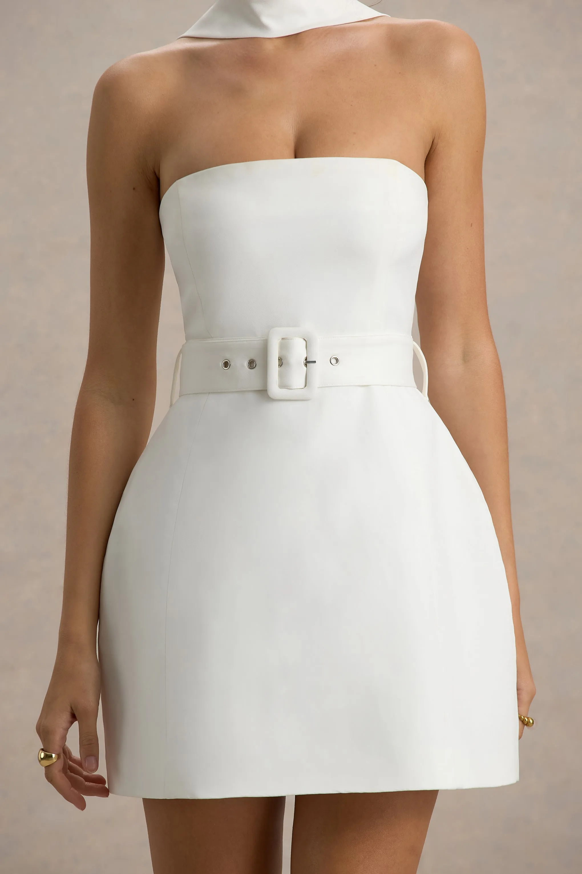 Timberly | White High-Neck Tailored Micro-Mini Dress Club L London