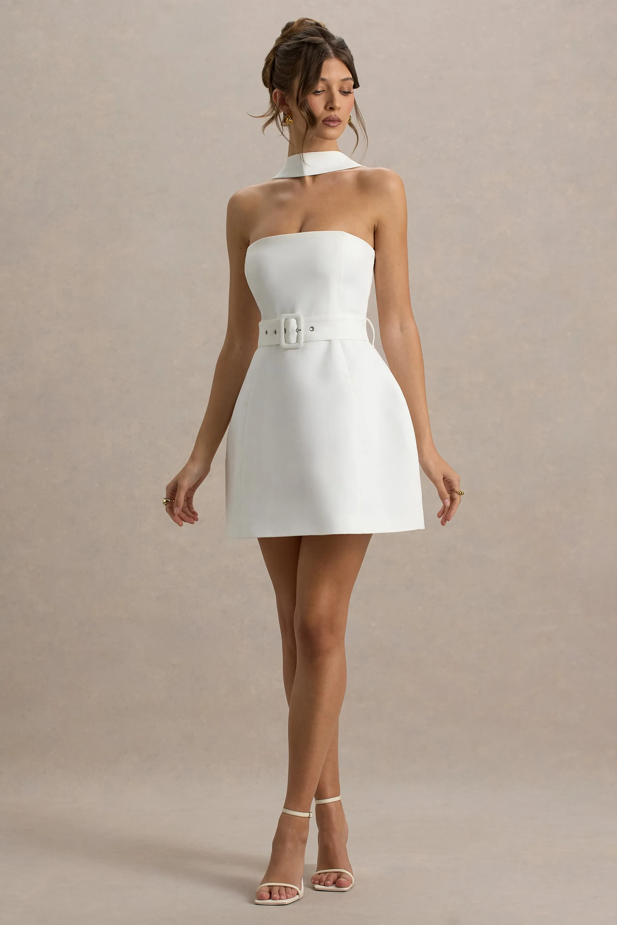 Timberly | White High-Neck Tailored Micro-Mini Dress Club L London
