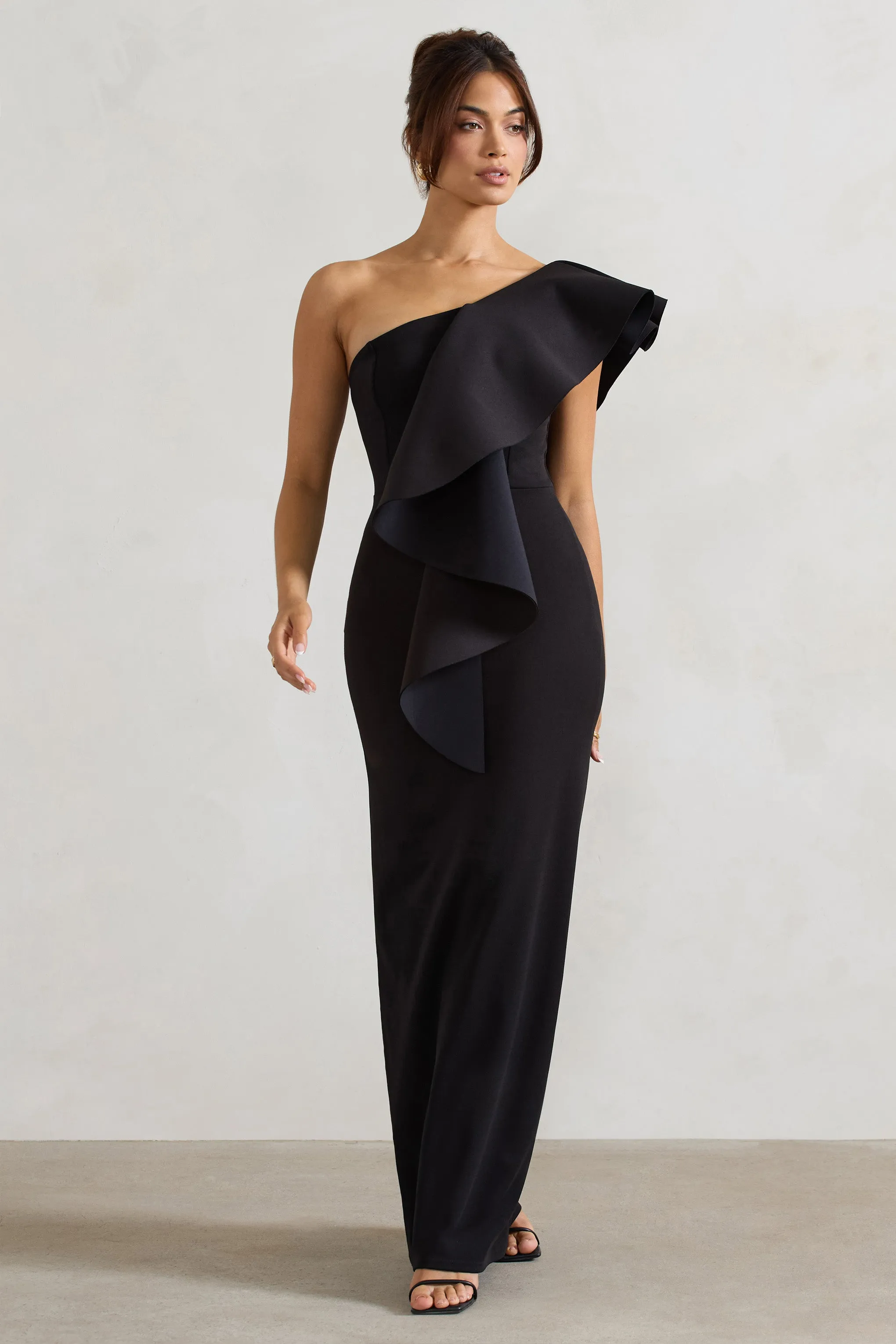 Timeless Love | Black Asymmetric Draped Ruffle Maxi Dress Club L London