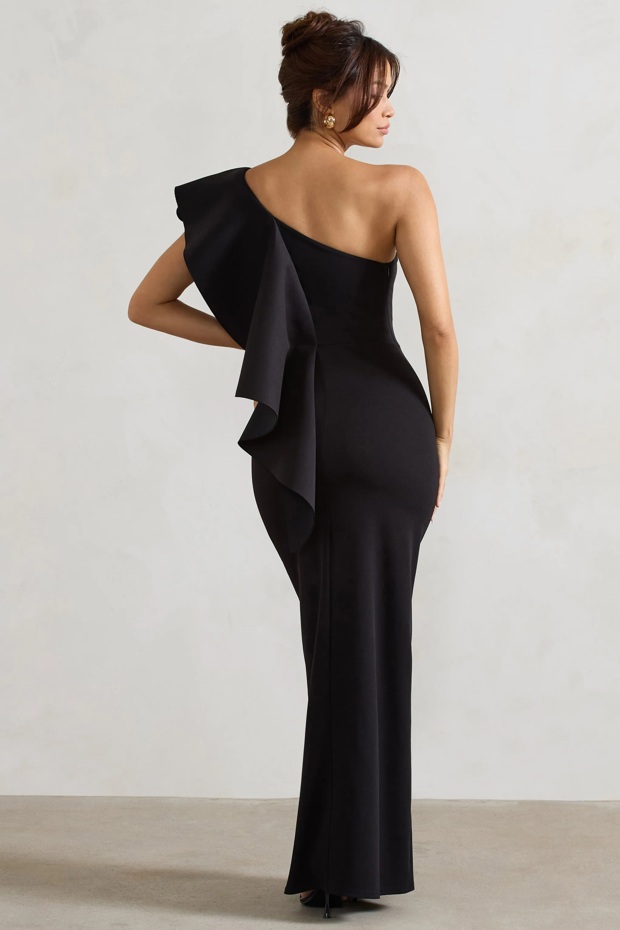 Timeless Love | Black Asymmetric Draped Ruffle Maxi Dress Club L London