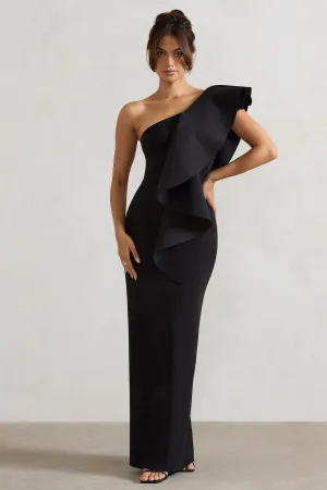 Timeless Love | Black Asymmetric Draped Ruffle Maxi Dress Club L London