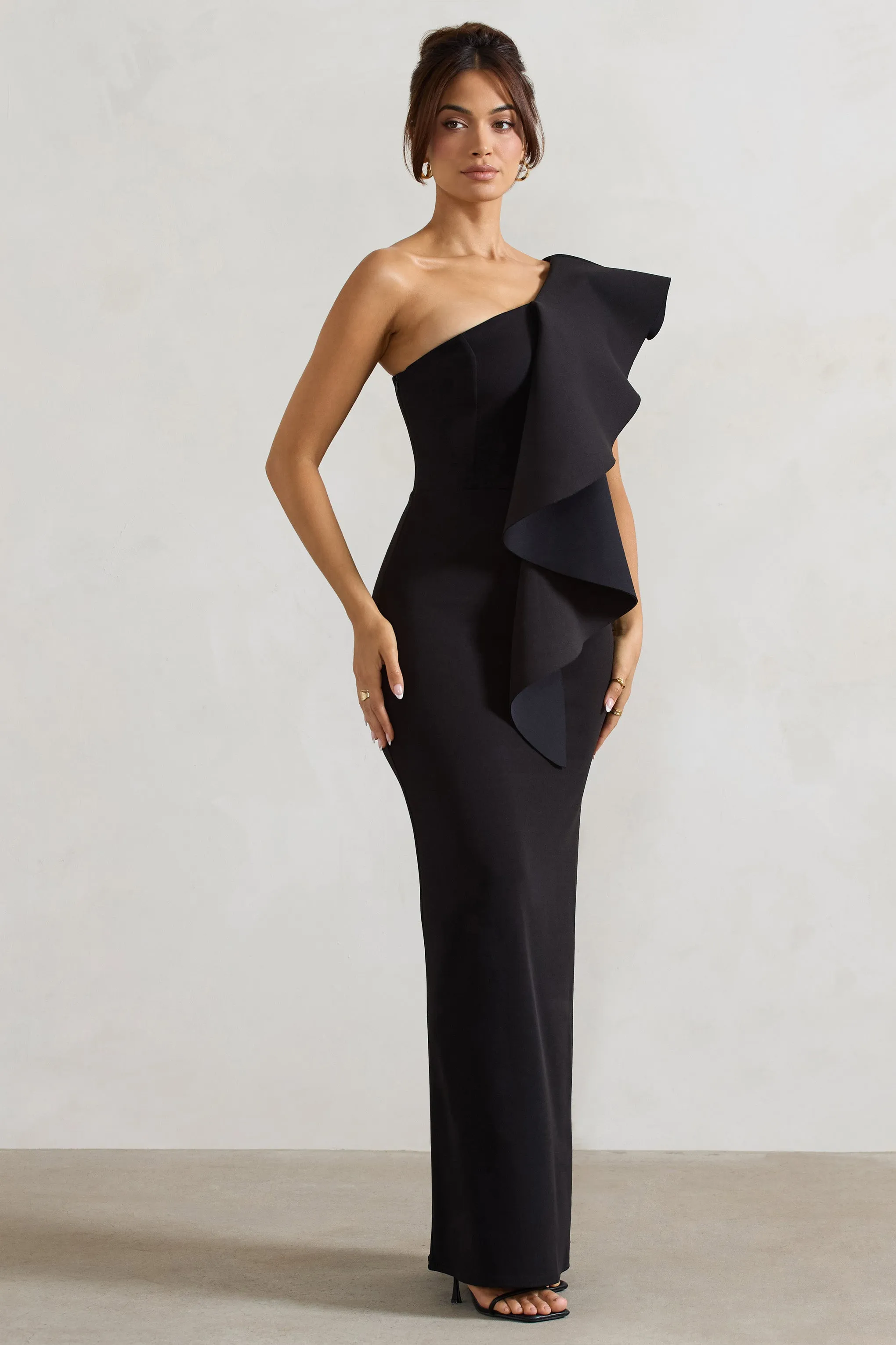 Timeless Love | Black Asymmetric Draped Ruffle Maxi Dress Club L London