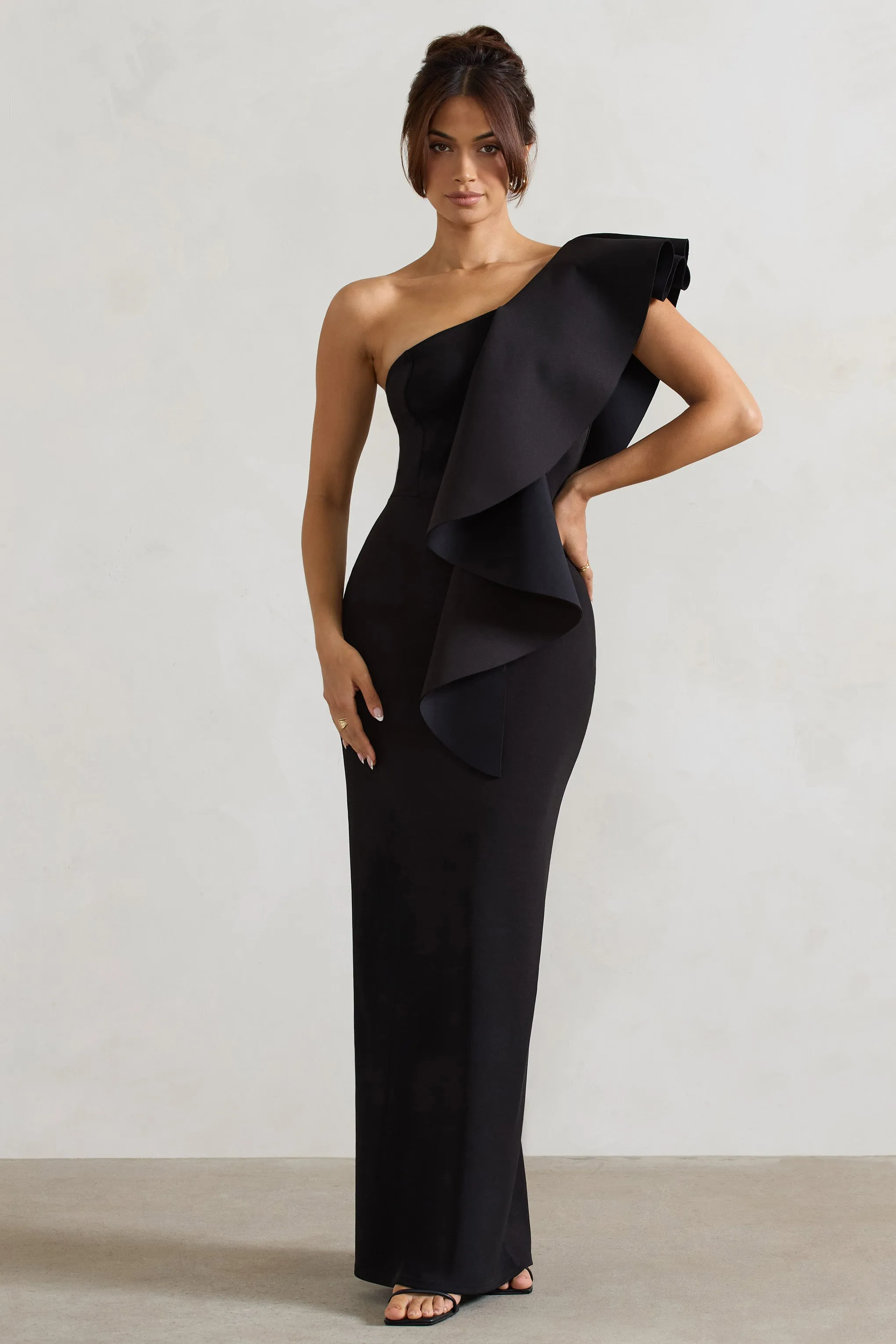 Timeless Love | Black Asymmetric Draped Ruffle Maxi Dress Club L London