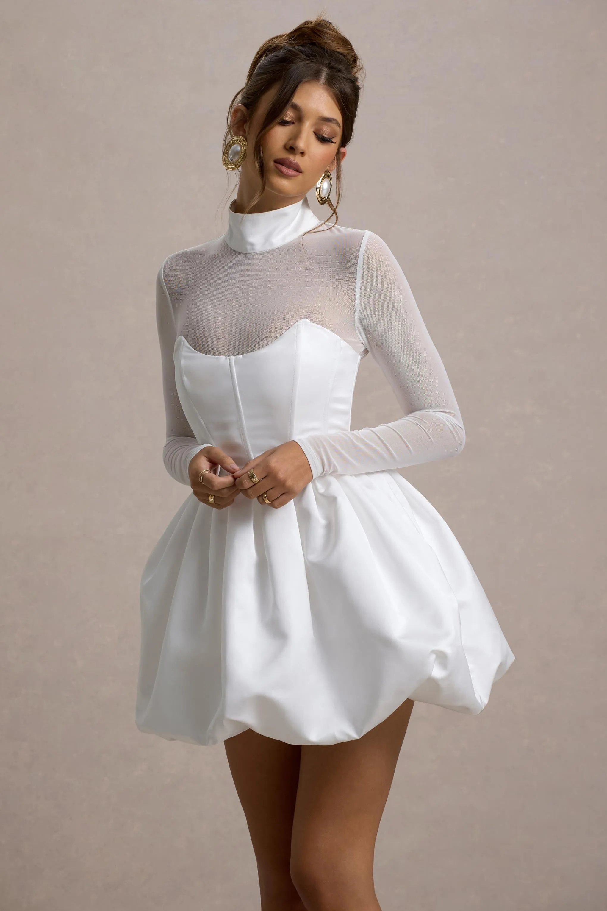 Tinkerbell | White Satin Long-Sleeve Puffball Mini Dress Club L London