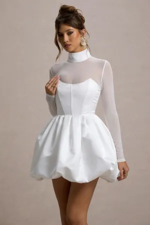 Tinkerbell | White Satin Long-Sleeve Puffball Mini Dress Club L London