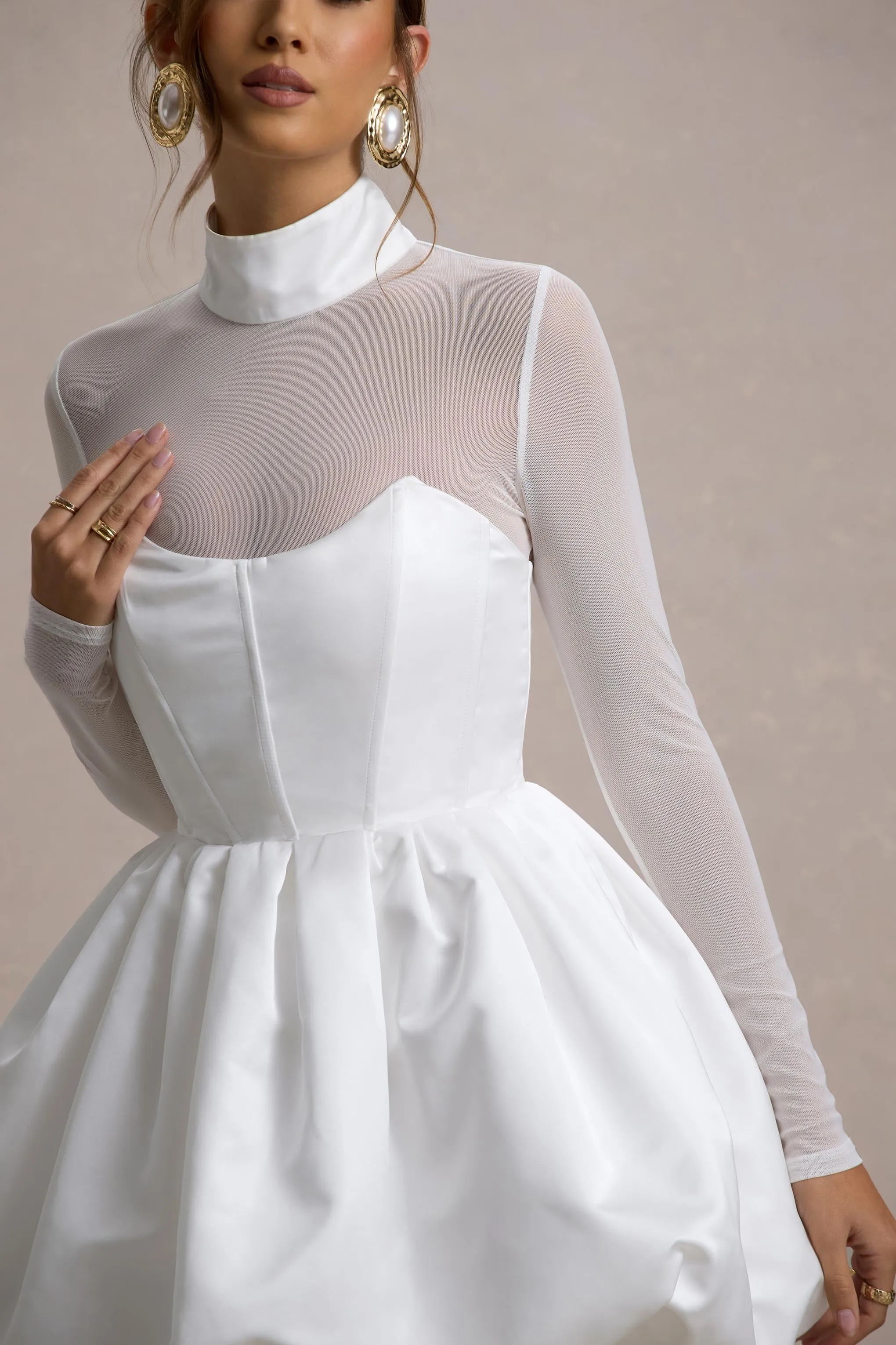 Tinkerbell | White Satin Long-Sleeve Puffball Mini Dress Club L London