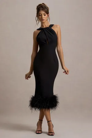 Titania | Black Twist-Neck Feather Hem Midi Dress Club L London