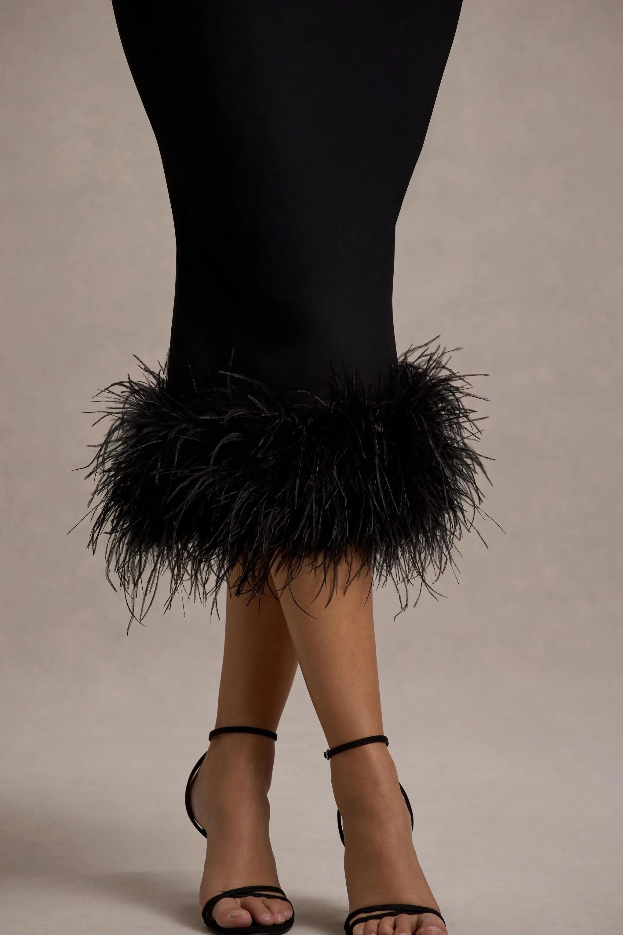 Titania | Black Twist-Neck Feather Hem Midi Dress Club L London