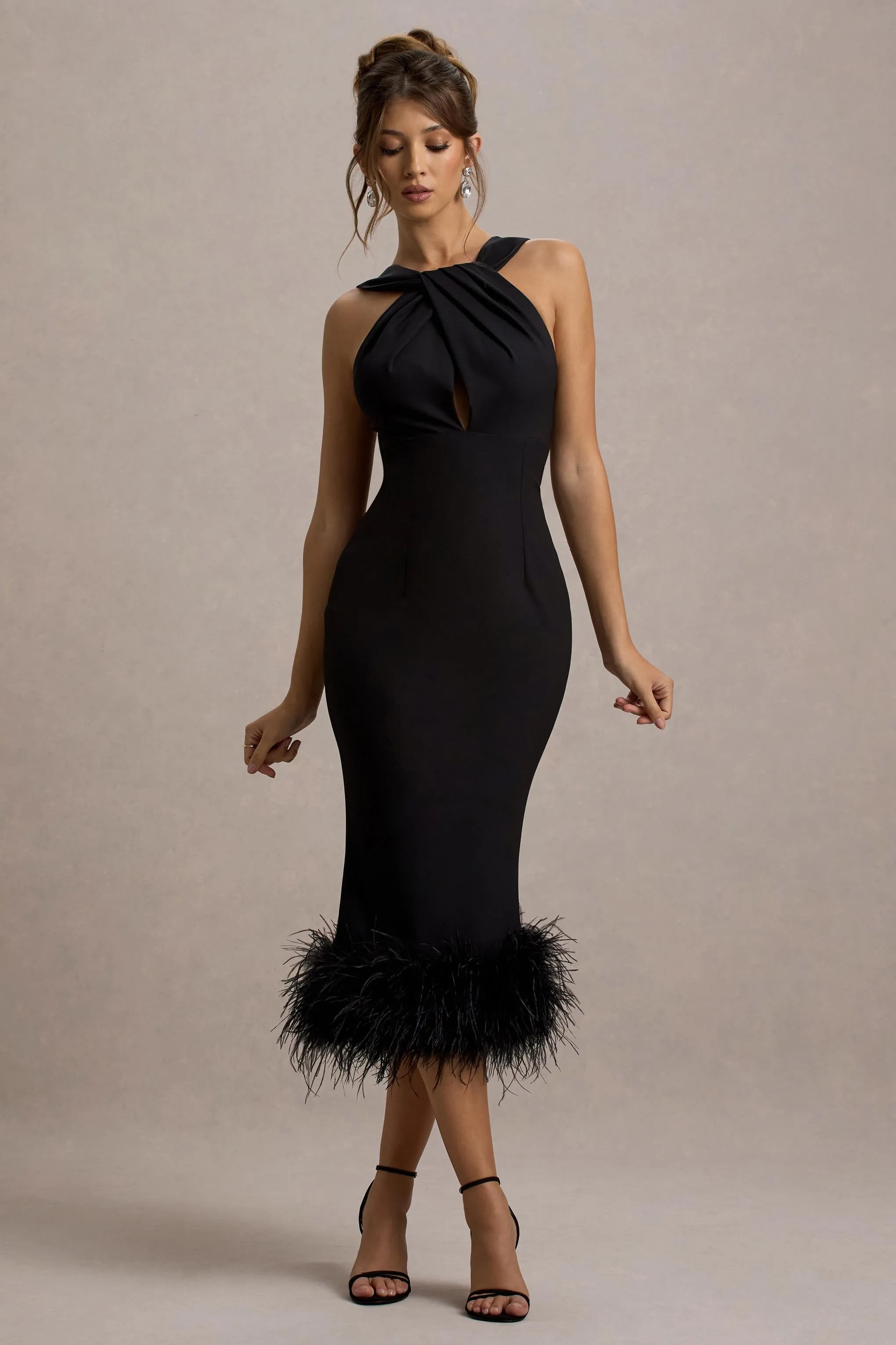 Titania | Black Twist-Neck Feather Hem Midi Dress Club L London