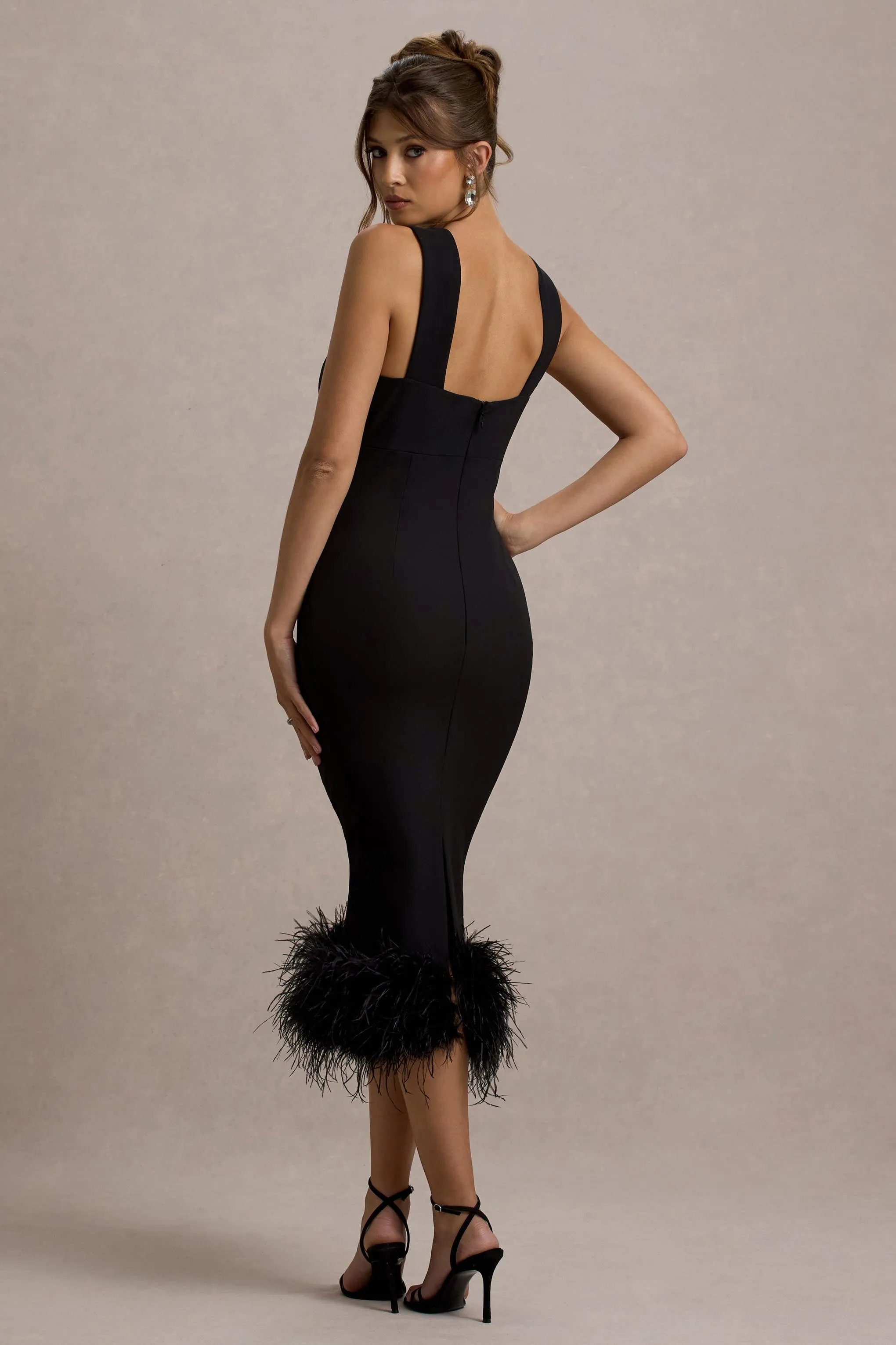 Titania | Black Twist-Neck Feather Hem Midi Dress Club L London