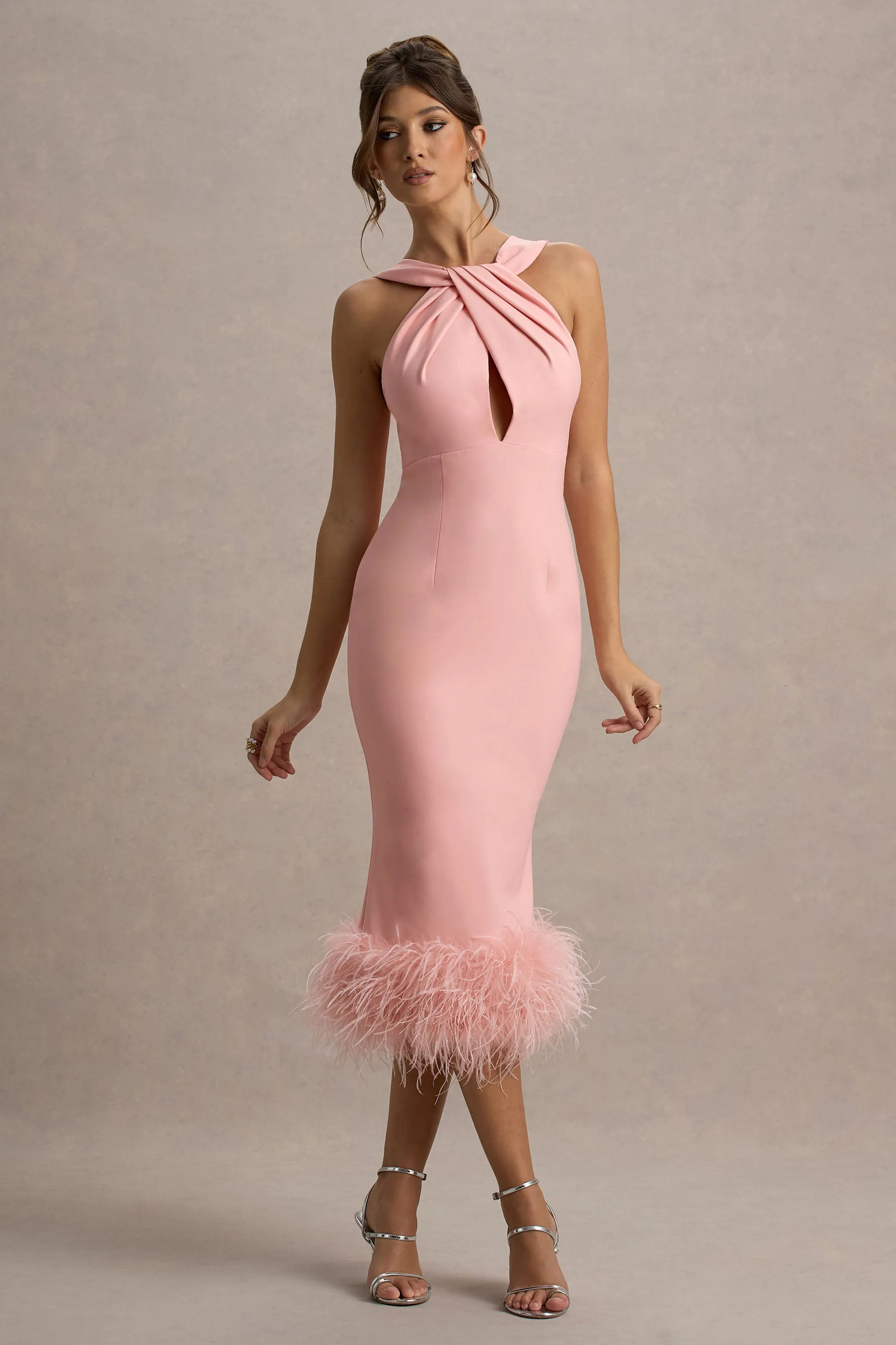 Titania | Pink Twist-Neck Feather Hem Midi Dress Club L London