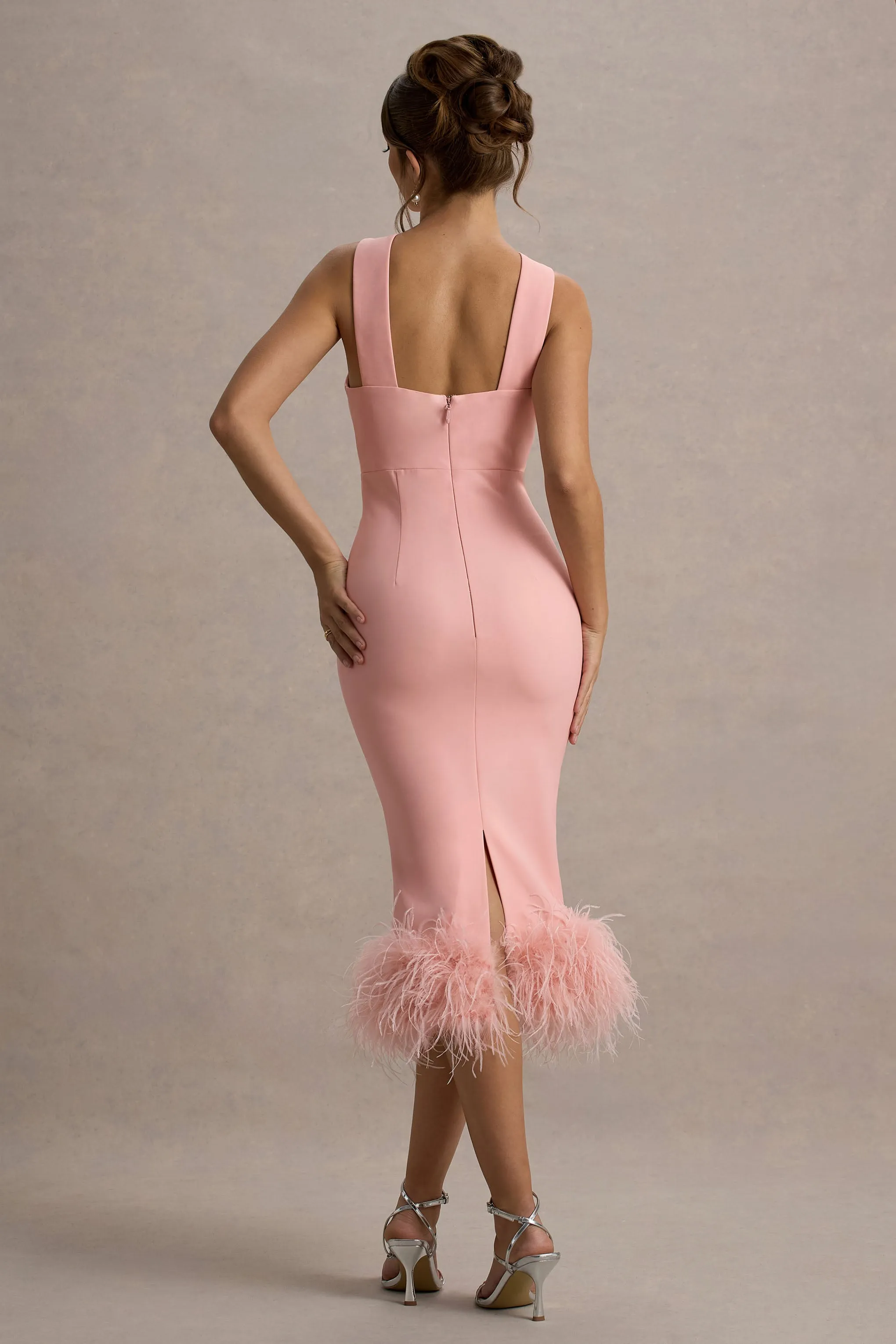 Titania | Pink Twist-Neck Feather Hem Midi Dress Club L London