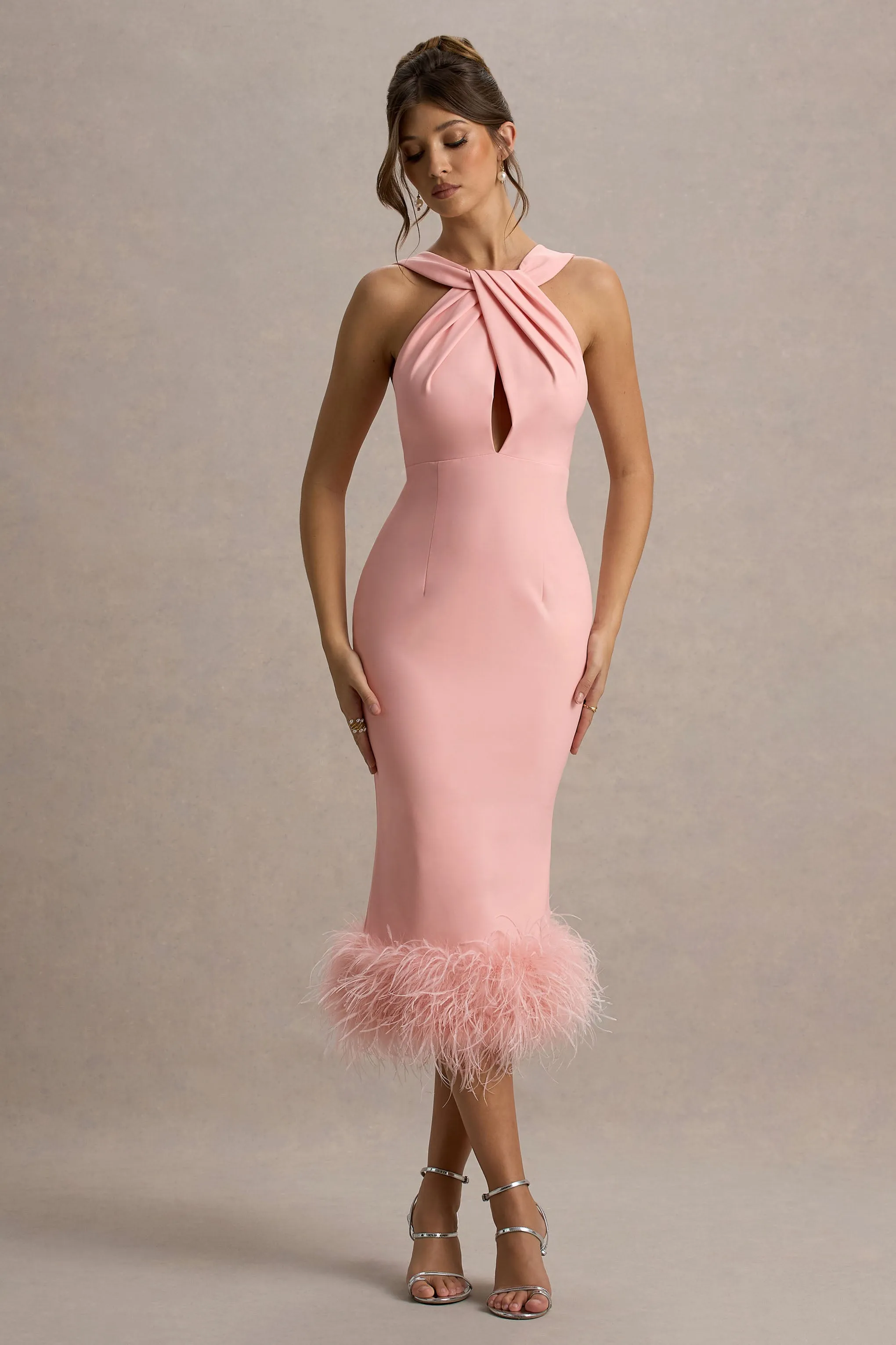 Titania | Pink Twist-Neck Feather Hem Midi Dress Club L London