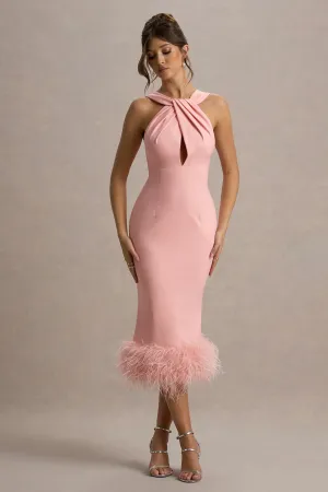 Titania | Pink Twist-Neck Feather Hem Midi Dress Club L London