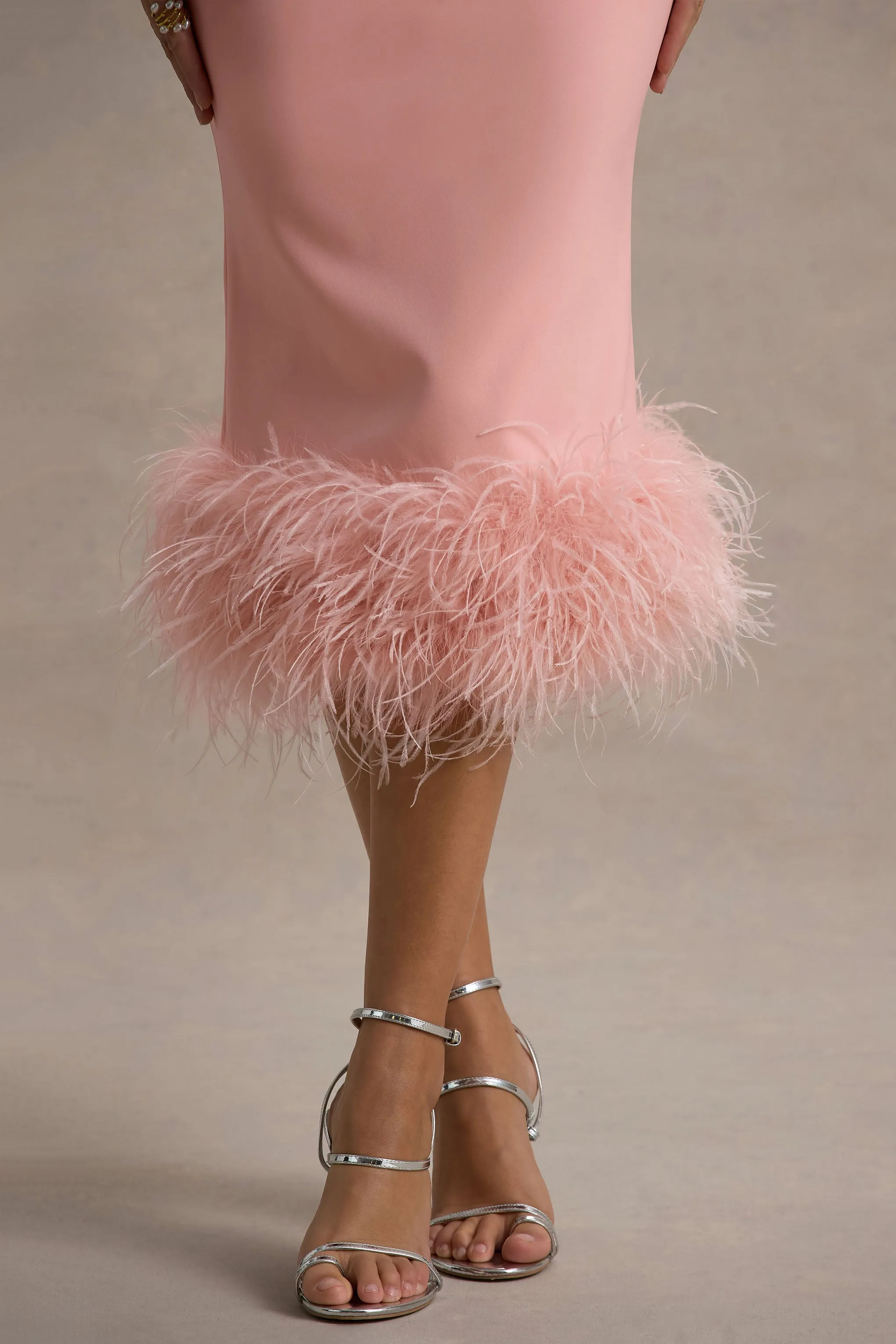 Titania | Pink Twist-Neck Feather Hem Midi Dress Club L London