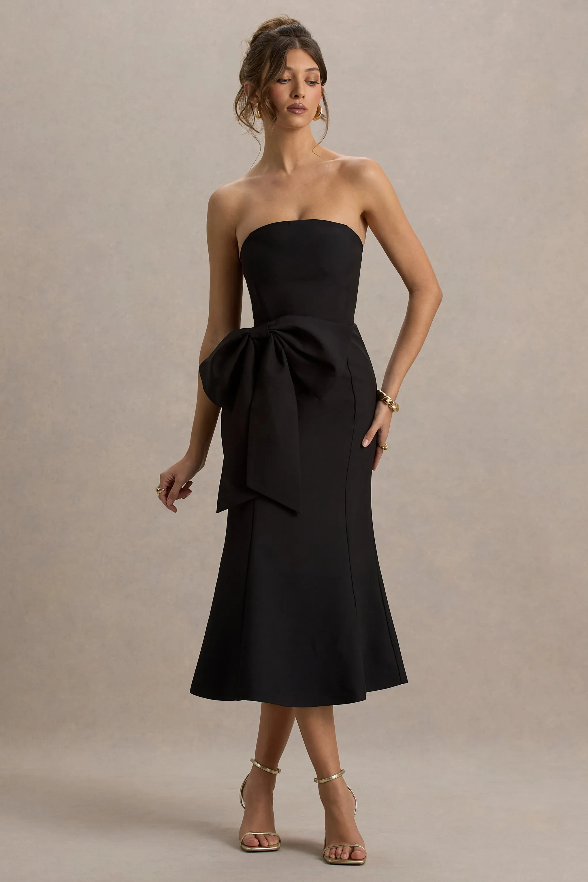 To Me | Black Bandeau Midi Dress With Oversized Bow Club L London