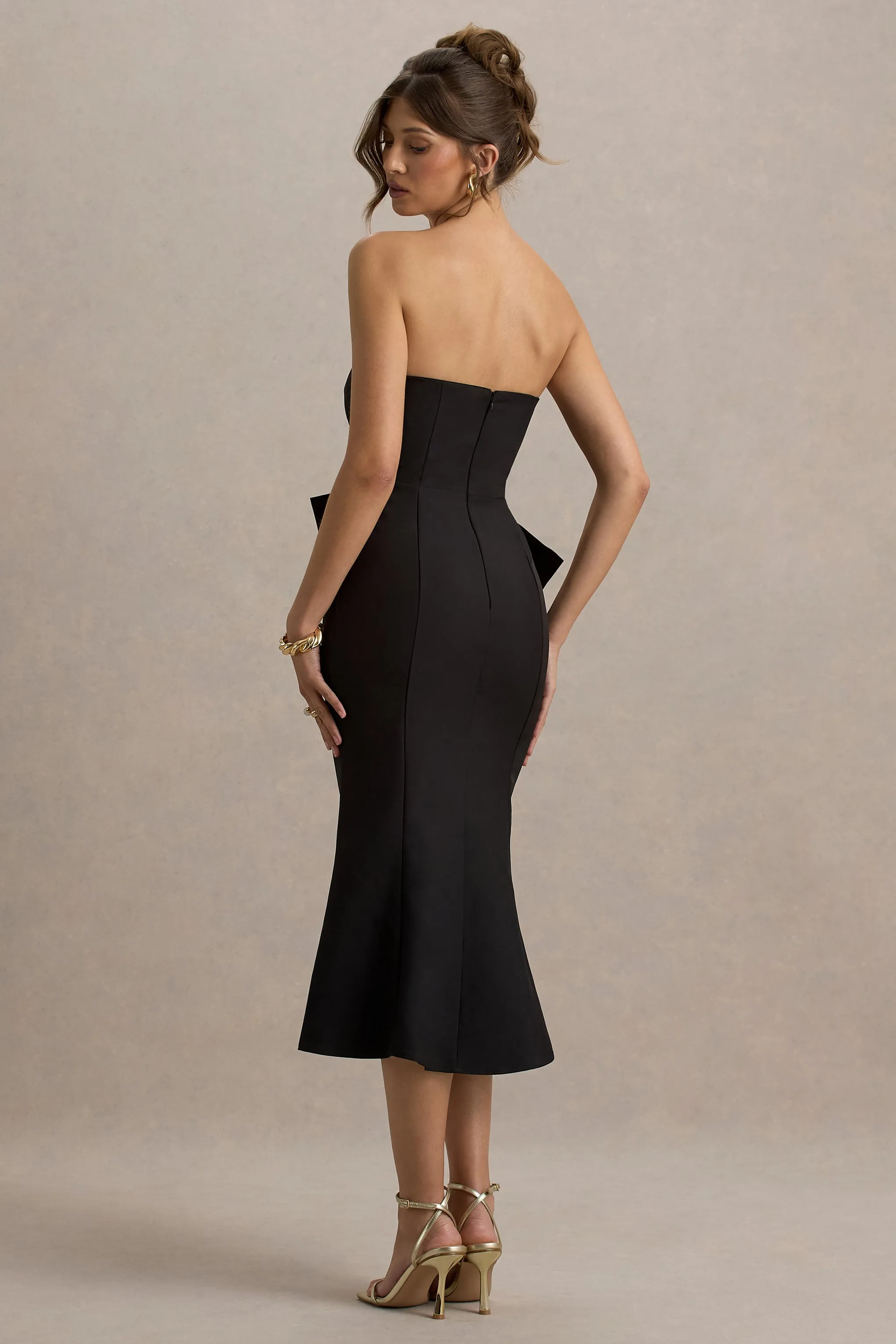 To Me | Black Bandeau Midi Dress With Oversized Bow Club L London