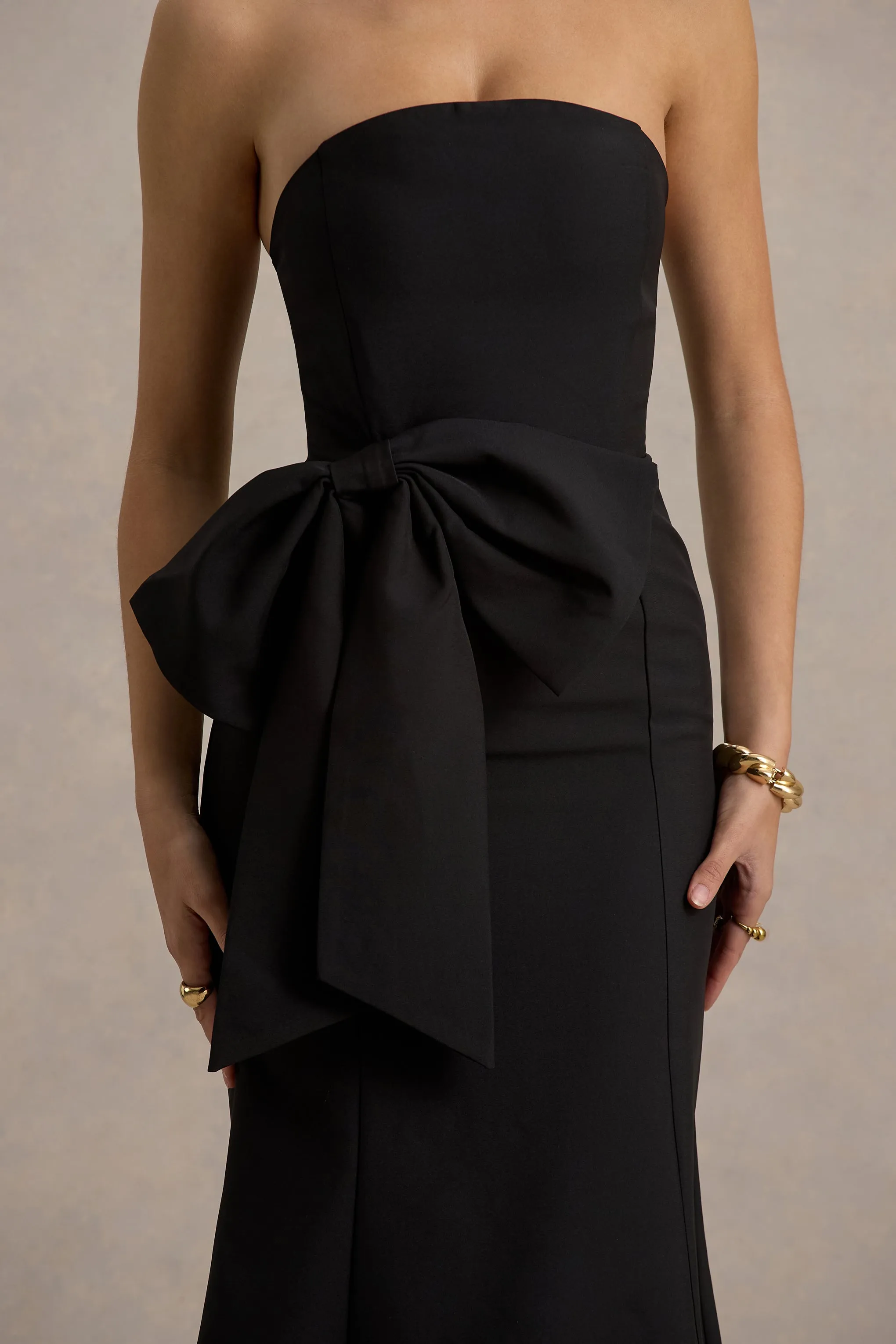 To Me | Black Bandeau Midi Dress With Oversized Bow Club L London
